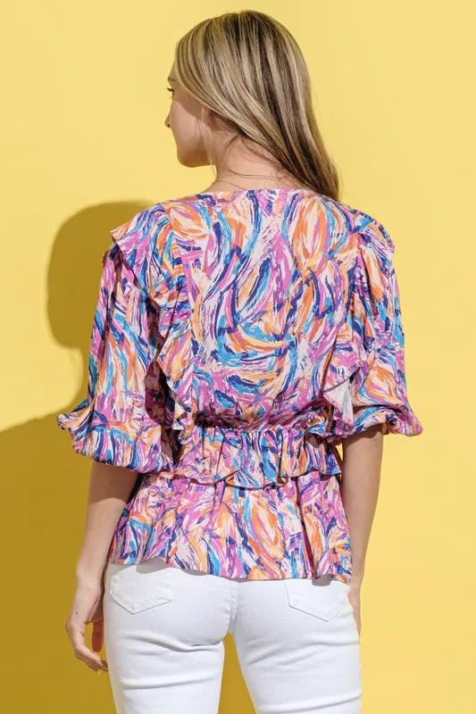 And The Why Printed Lantern Sleeve Blouse