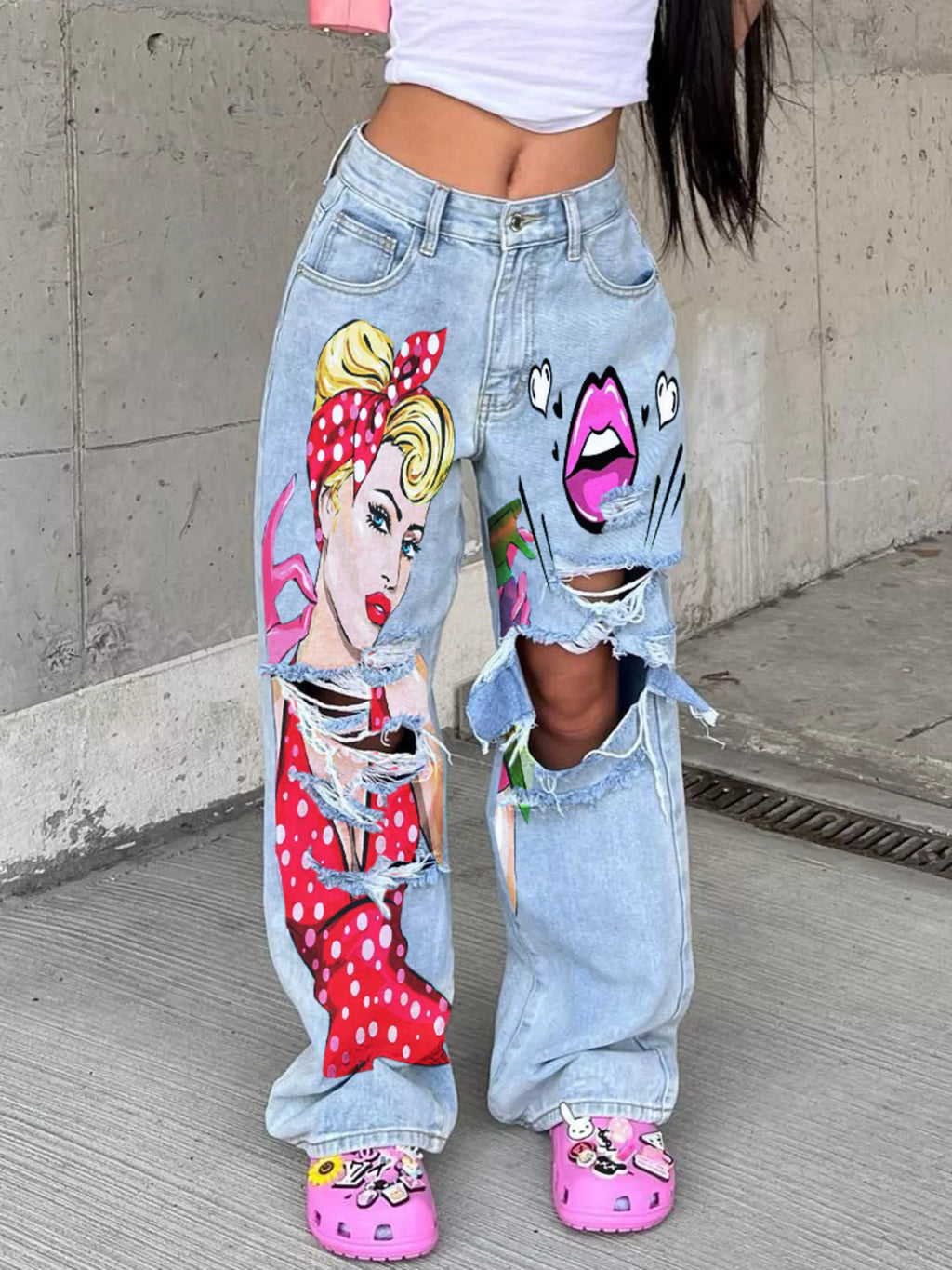 Full Size Art Print Distressed Wide-Leg Jeans Plus Size