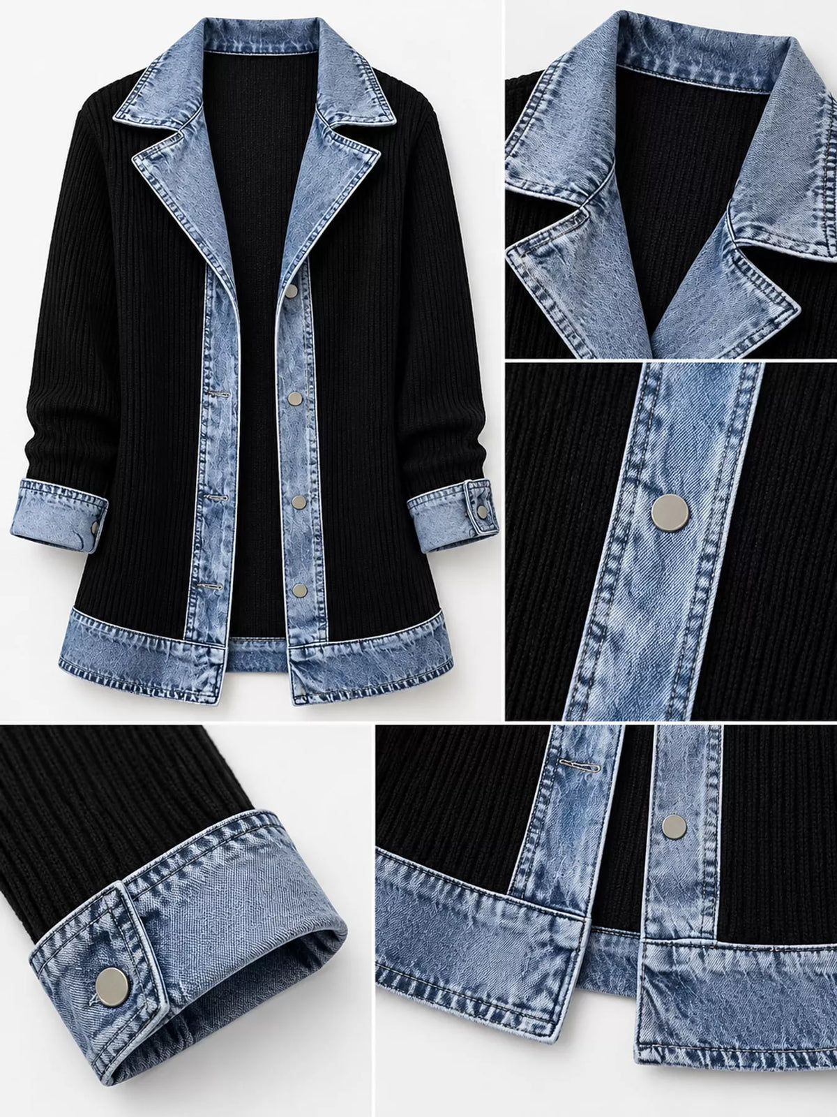 Full Size Denim Trim Ribbed Knit Cardigan Plus Size
