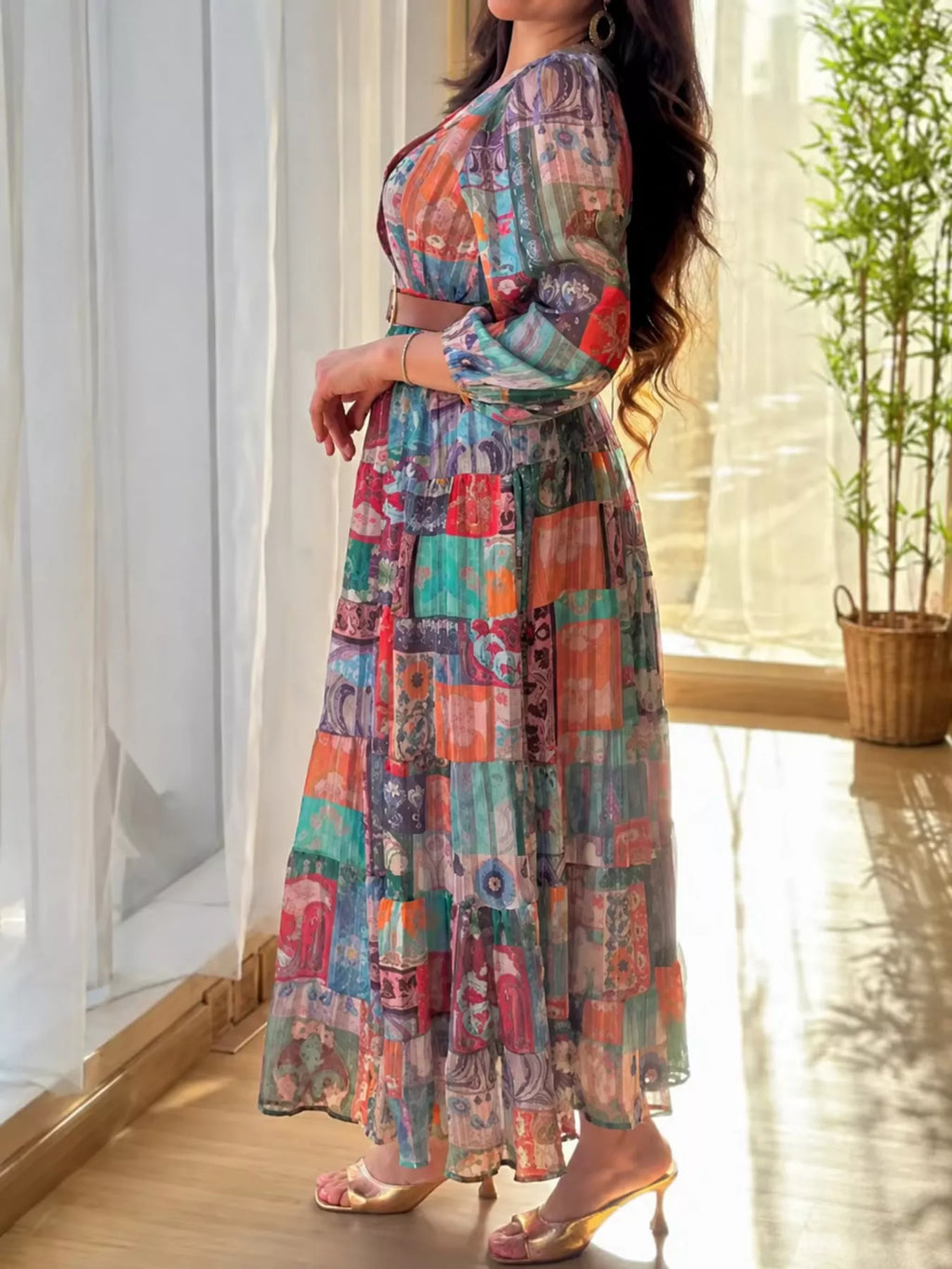 Printed Surplice Long Sleeve Maxi Dress