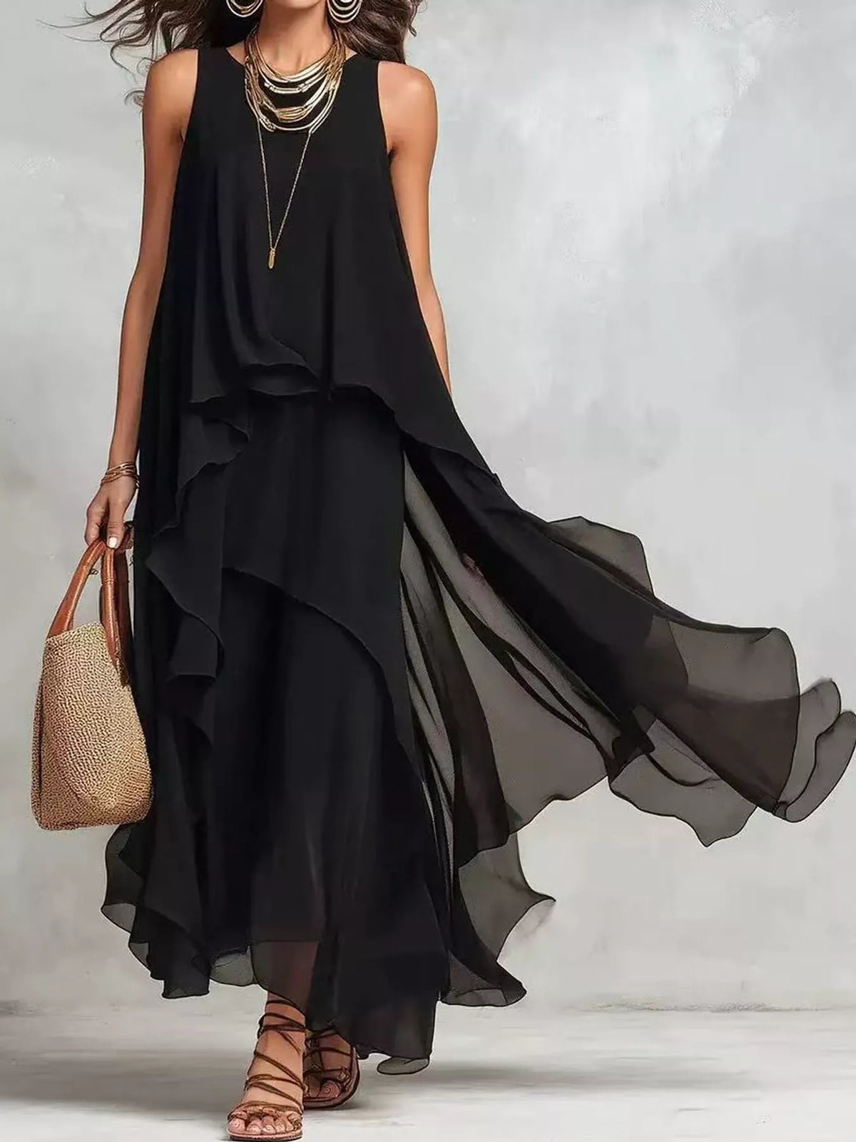 Ruffled Round Neck Sleeveless Maxi Dress