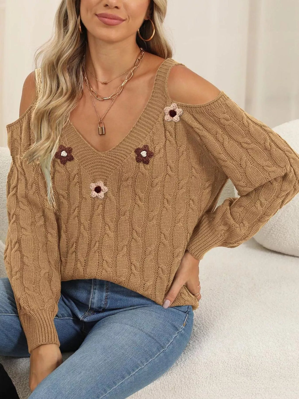 Floral Applique Cold Shoulder Cable Knit Sweater