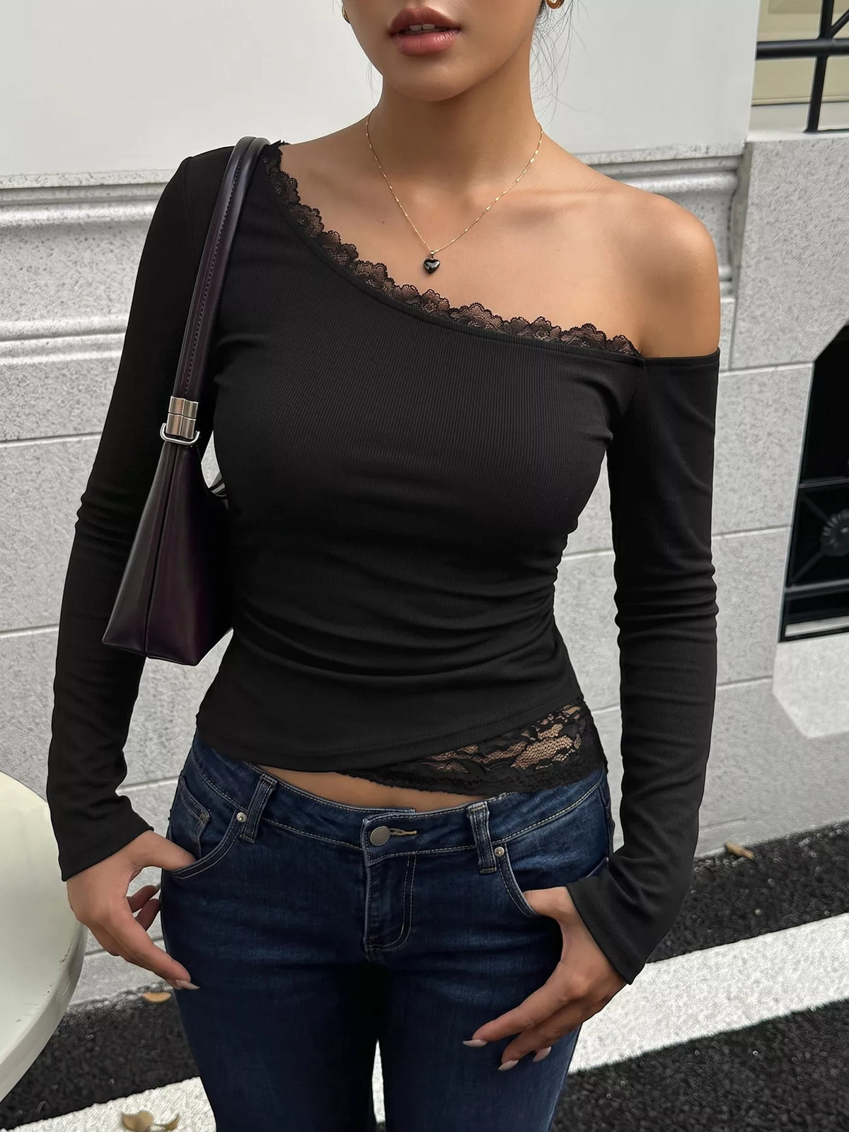 One-Shoulder Lace Trim Slim Fit T-Shirt