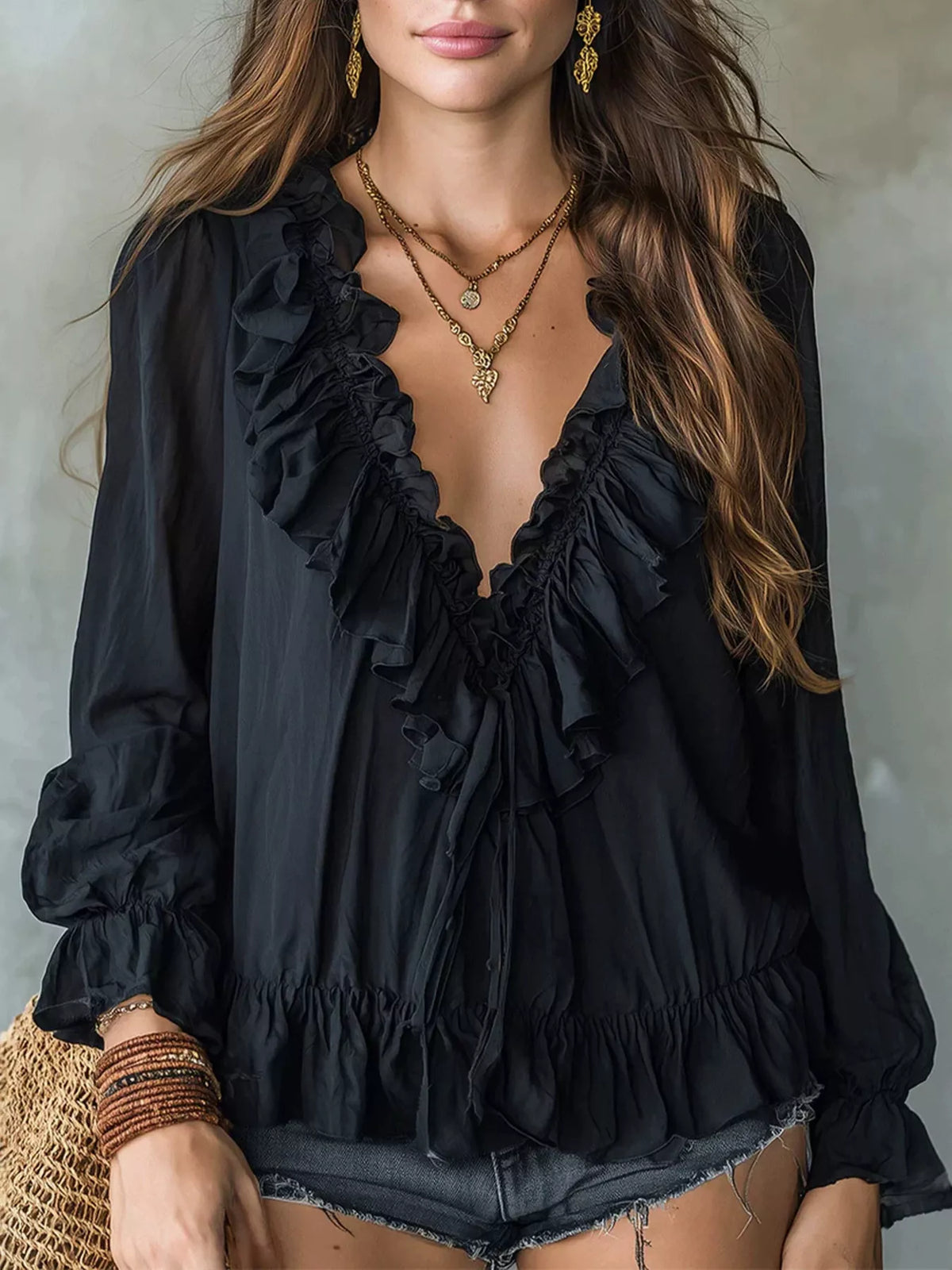 Ruffle V-Neck Long Sleeve Blouse