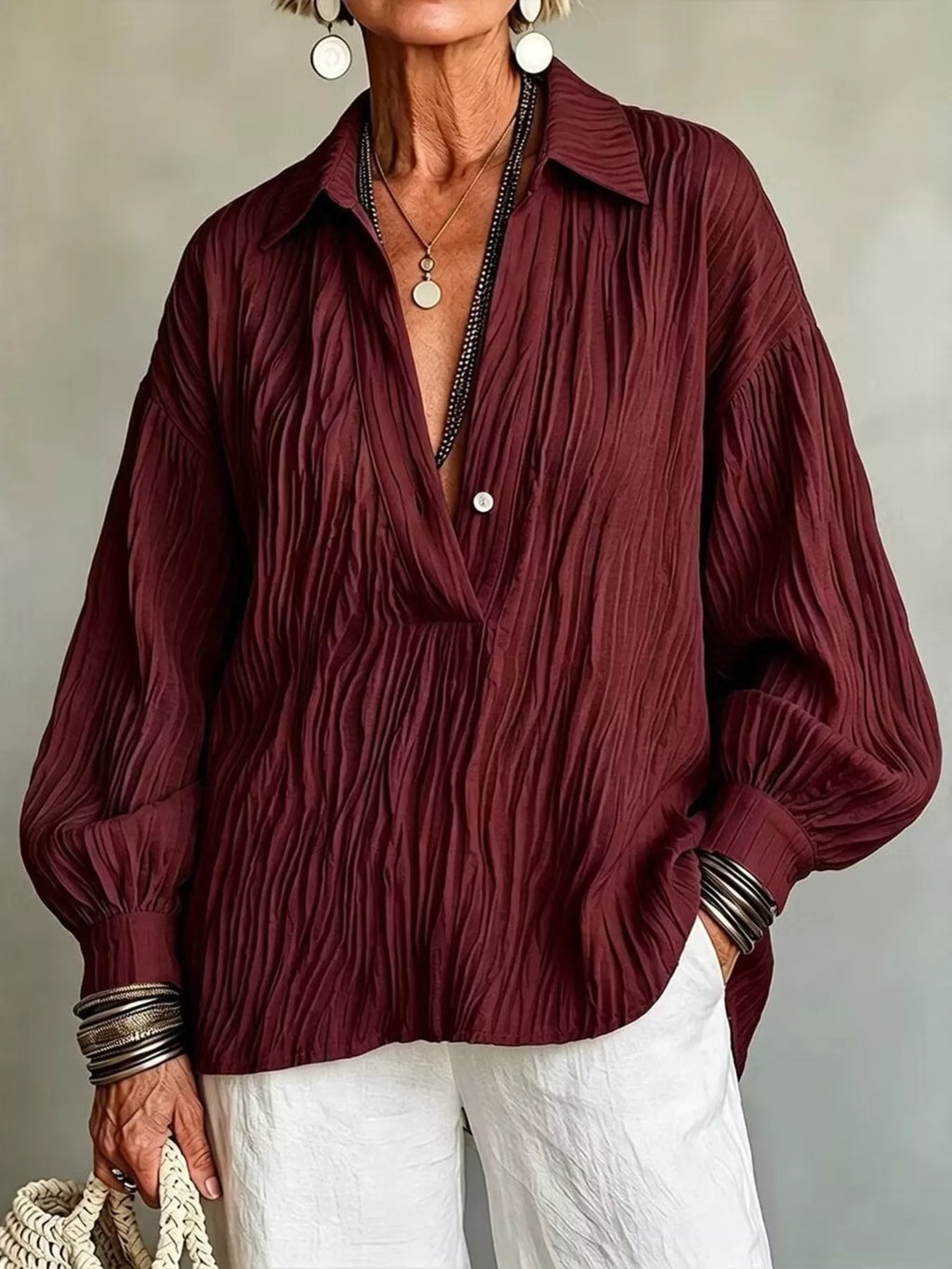 Full Size Texture Long Sleeve Blouse Plus Size
