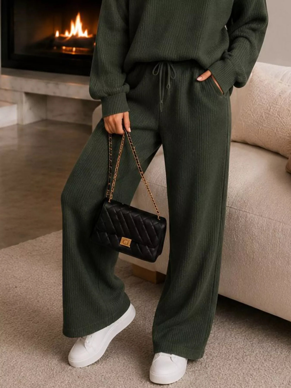 Ribbed Knit Quarter-Zip Top and Wide-Leg Pants Set