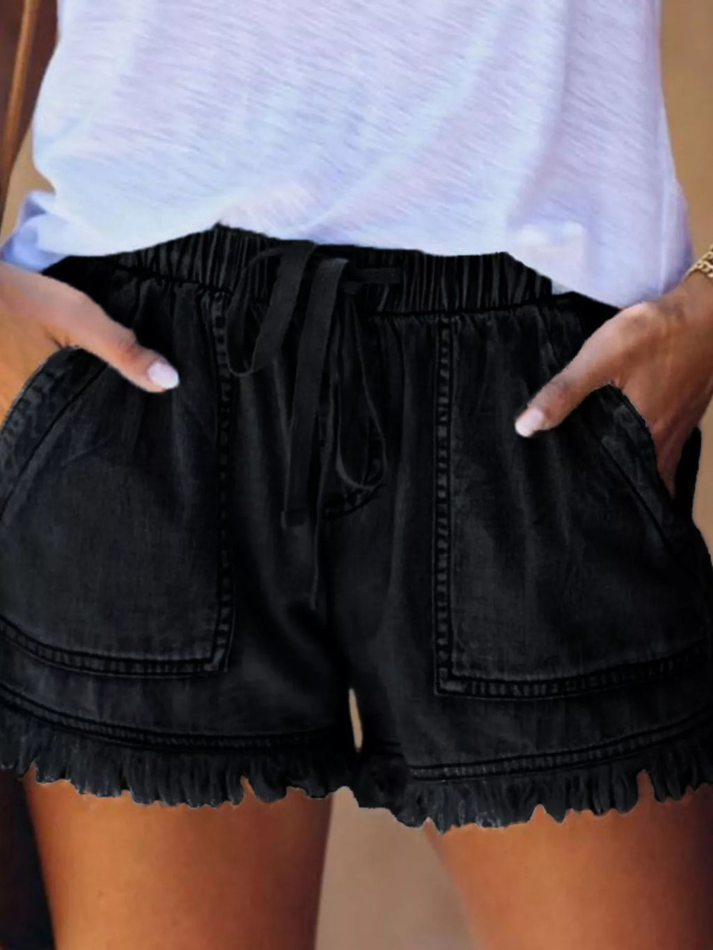 Full Size Drawstring Frayed Hem Denim Shorts Plus Size