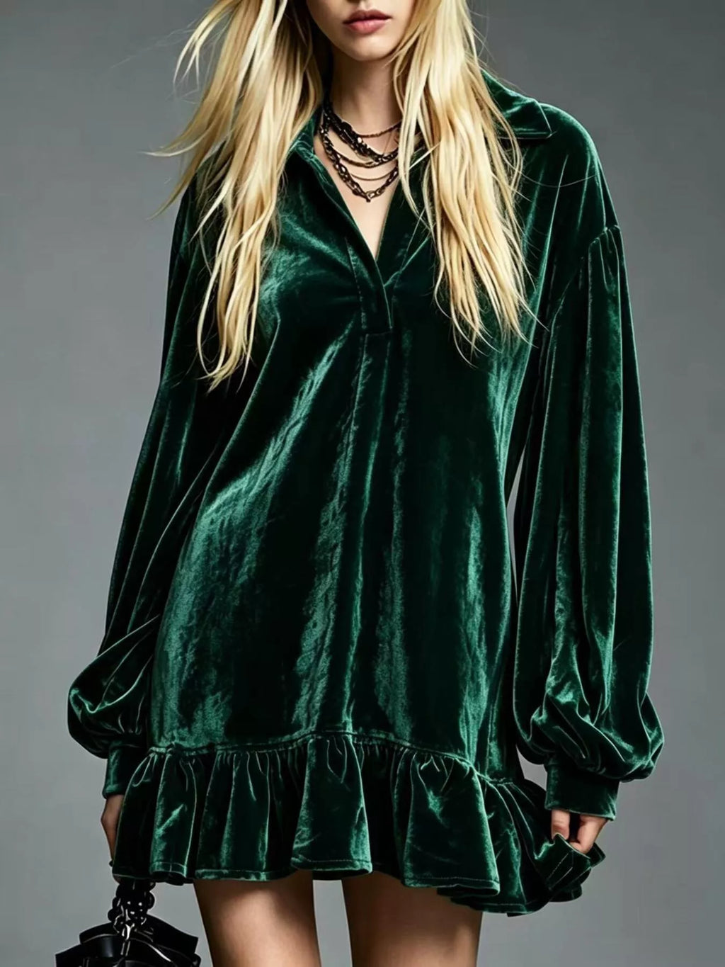Full Size Velvet Long-Sleeve Ruffle Hem Mini Dress Plus Size