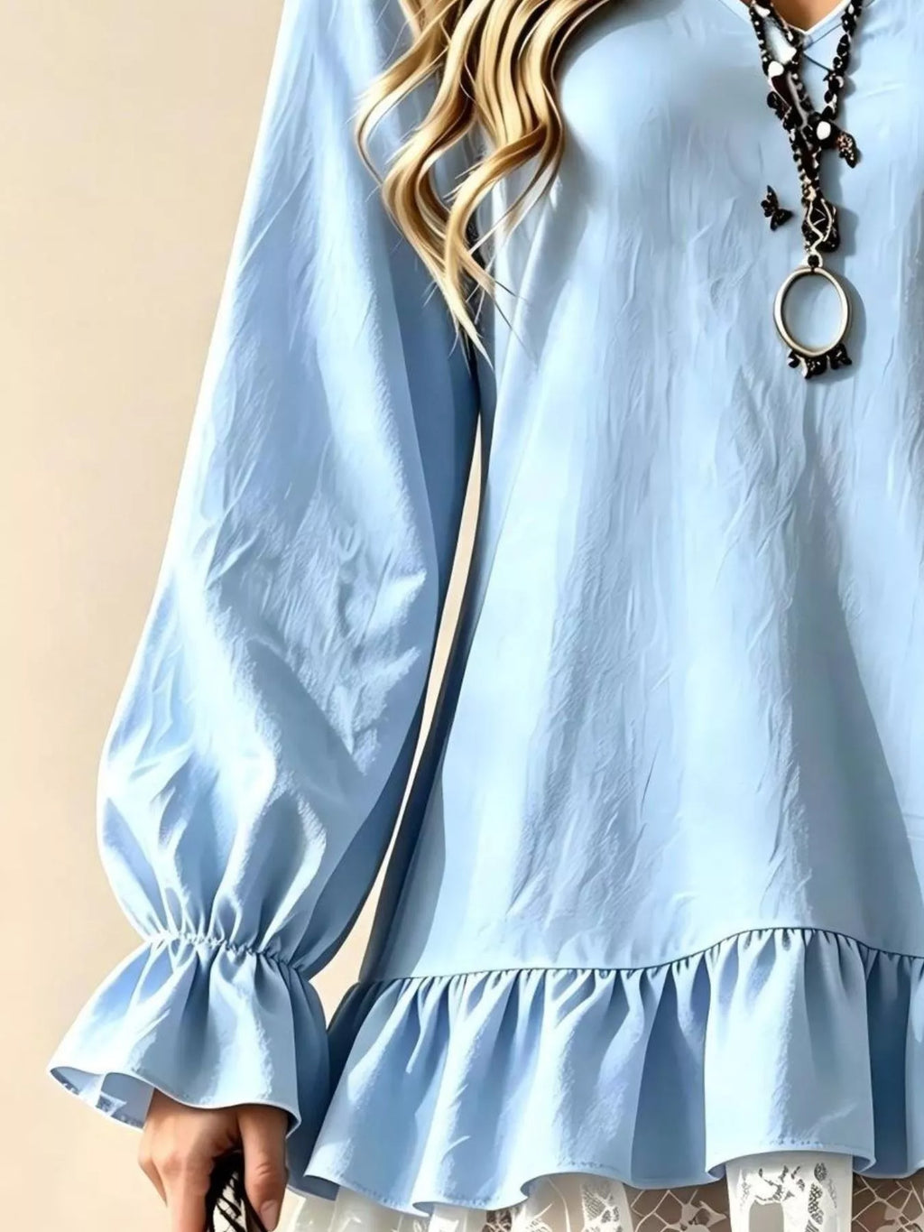 V-Neck Long Sleeve Ruffle Hem Lace Detail Dress