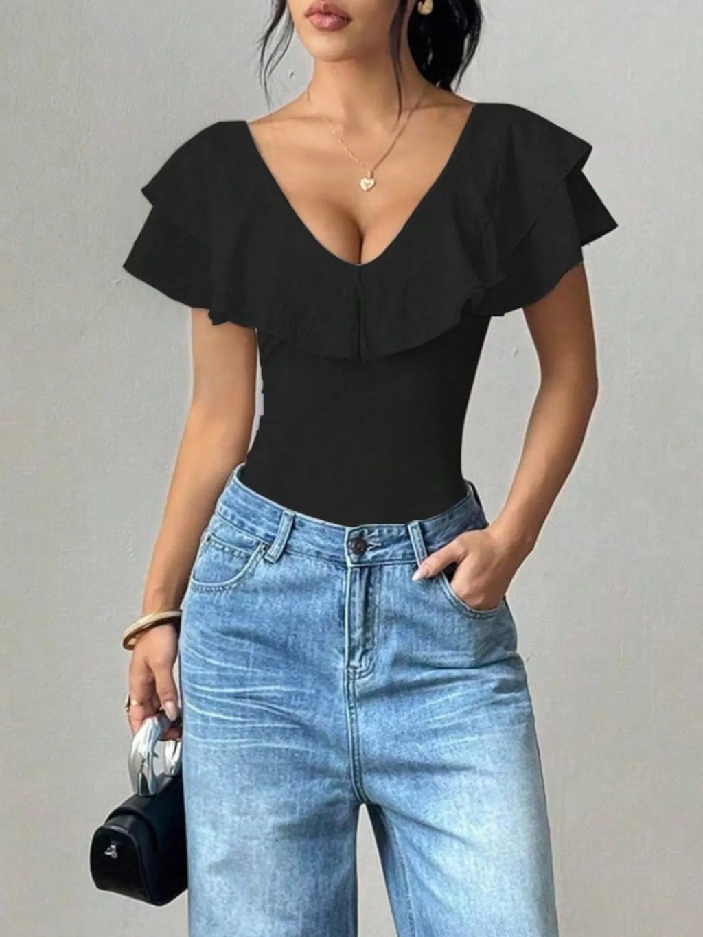 Ruffle Trim V-Neck Bodysuit
