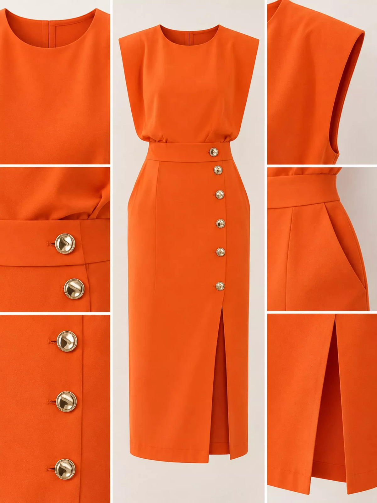 Sleeveless Midi Dress with Gold Button Detail and Side Slit