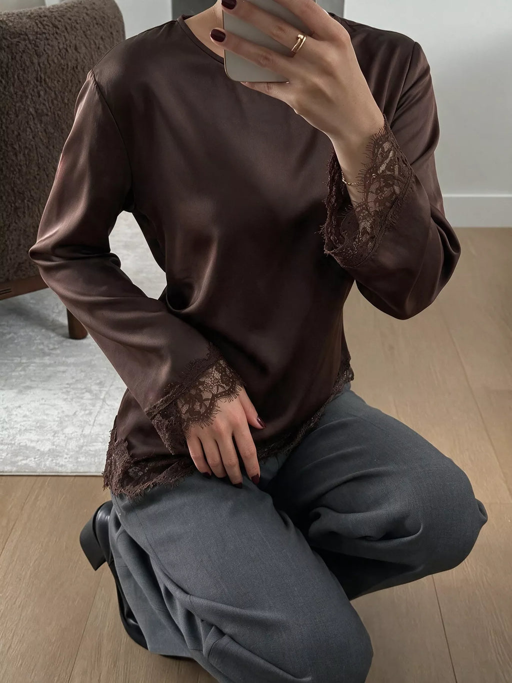 Lace Trim Long Sleeve Satin Blouse