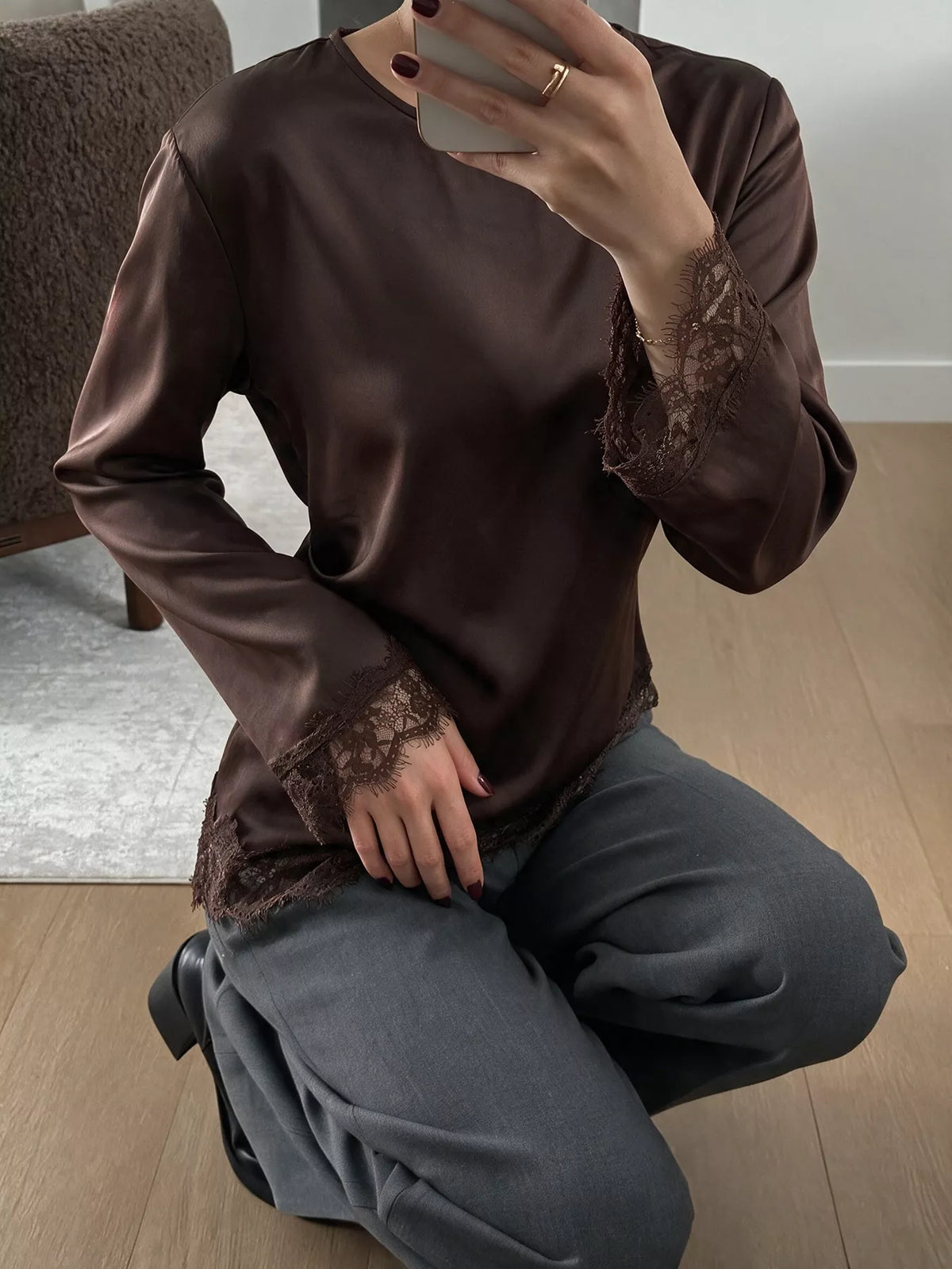 Lace Trim Long Sleeve Satin Blouse