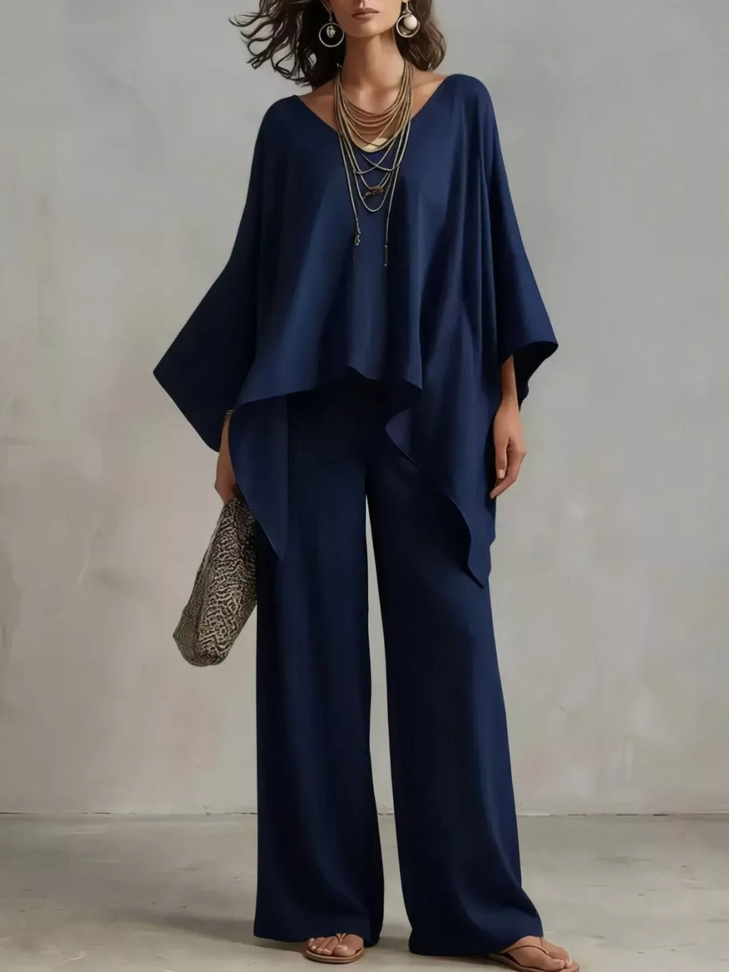 Full Size V-Neck Batwing Sleeve Top and Wide-Leg Pants Two-Piece Set Plus Size