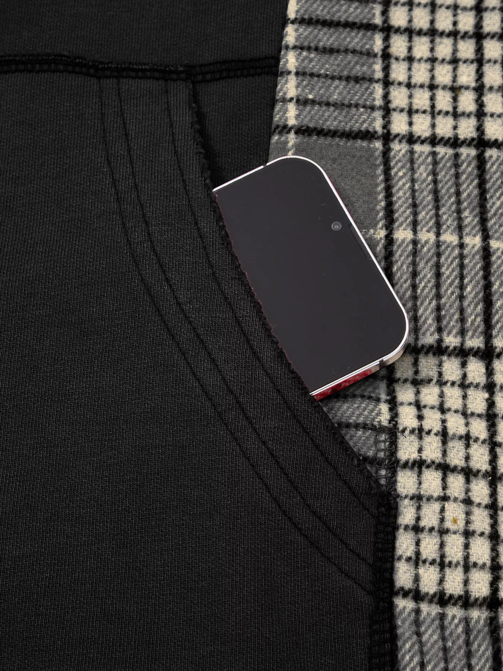 Plaid Sleeve Drawstring Pocket Hoodie