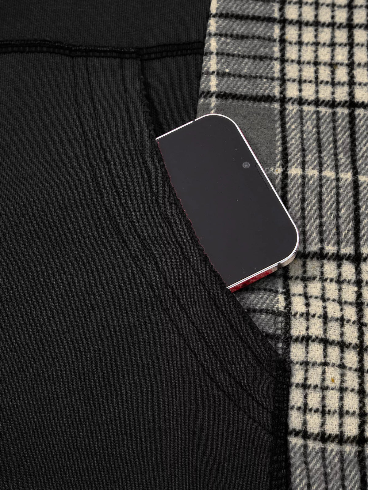 Plaid Sleeve Drawstring Pocket Hoodie