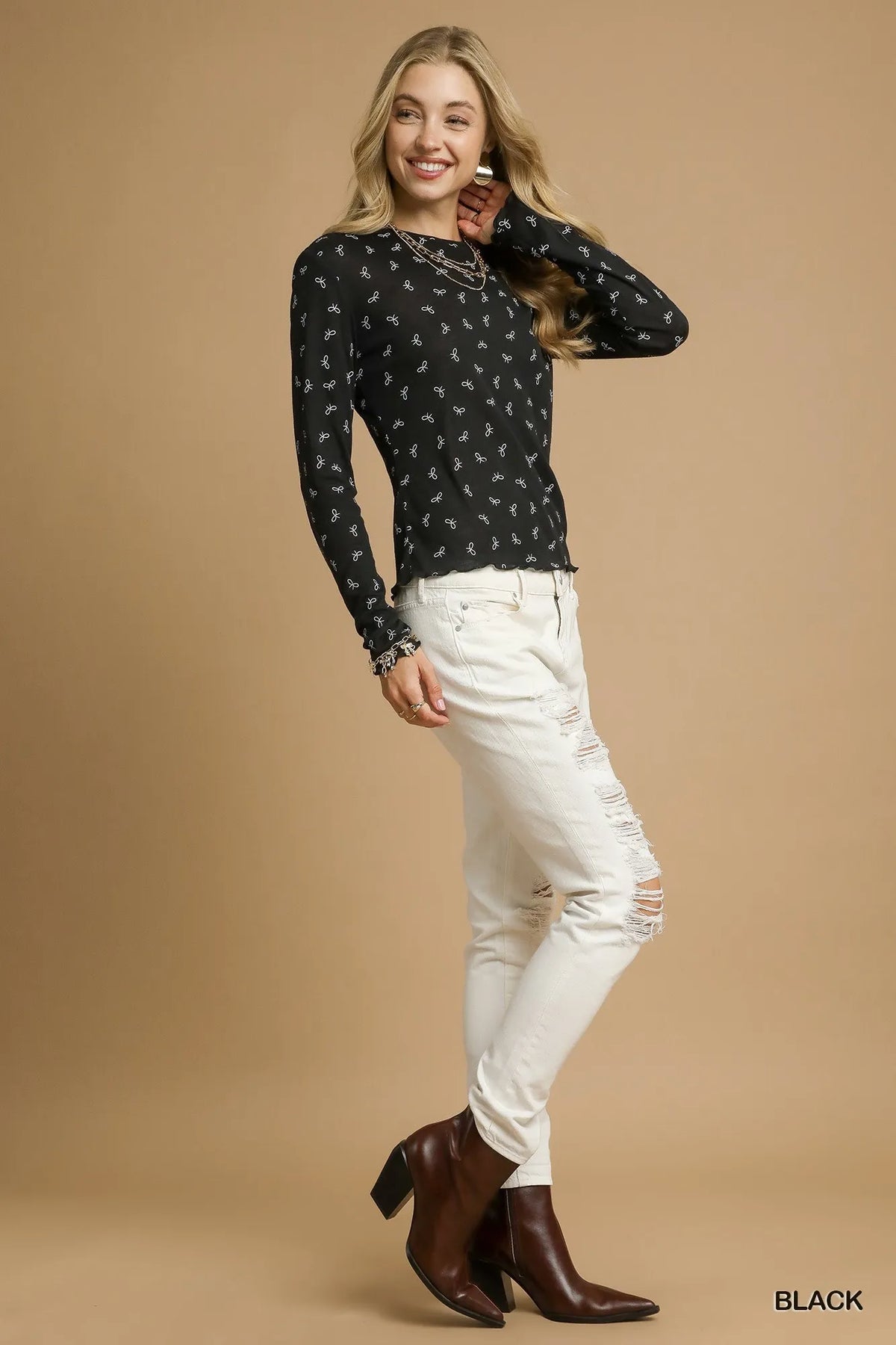 Umgee Bow Print Lightweight Knit Top