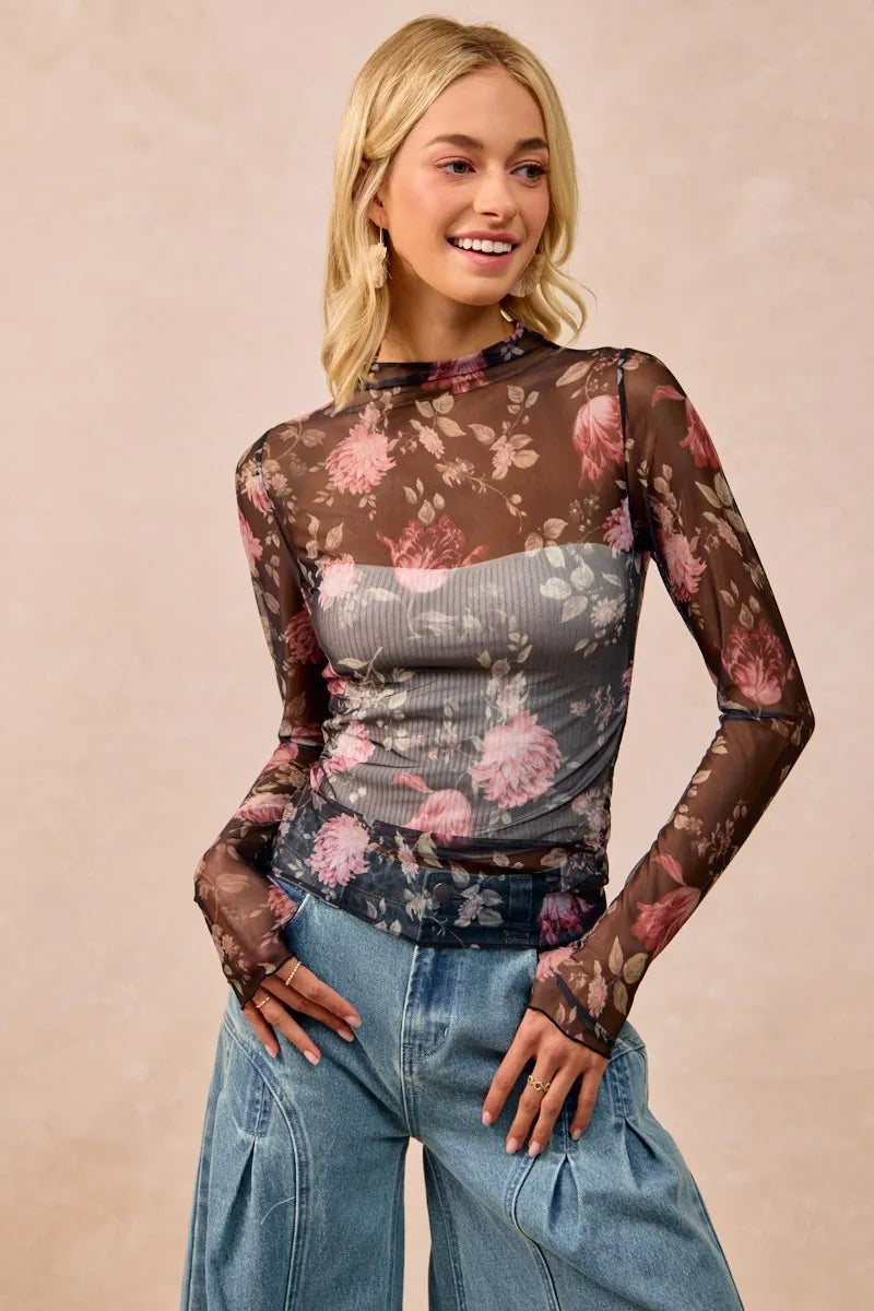 BiBi Flower Printed Mesh Lace Top with Thumb Opening