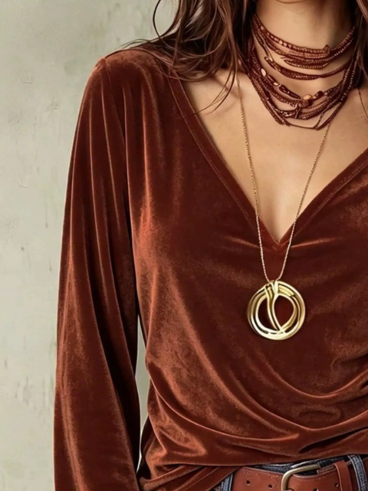 Full Size V-Neck Long Sleeve Velvet Blouse Plus Size