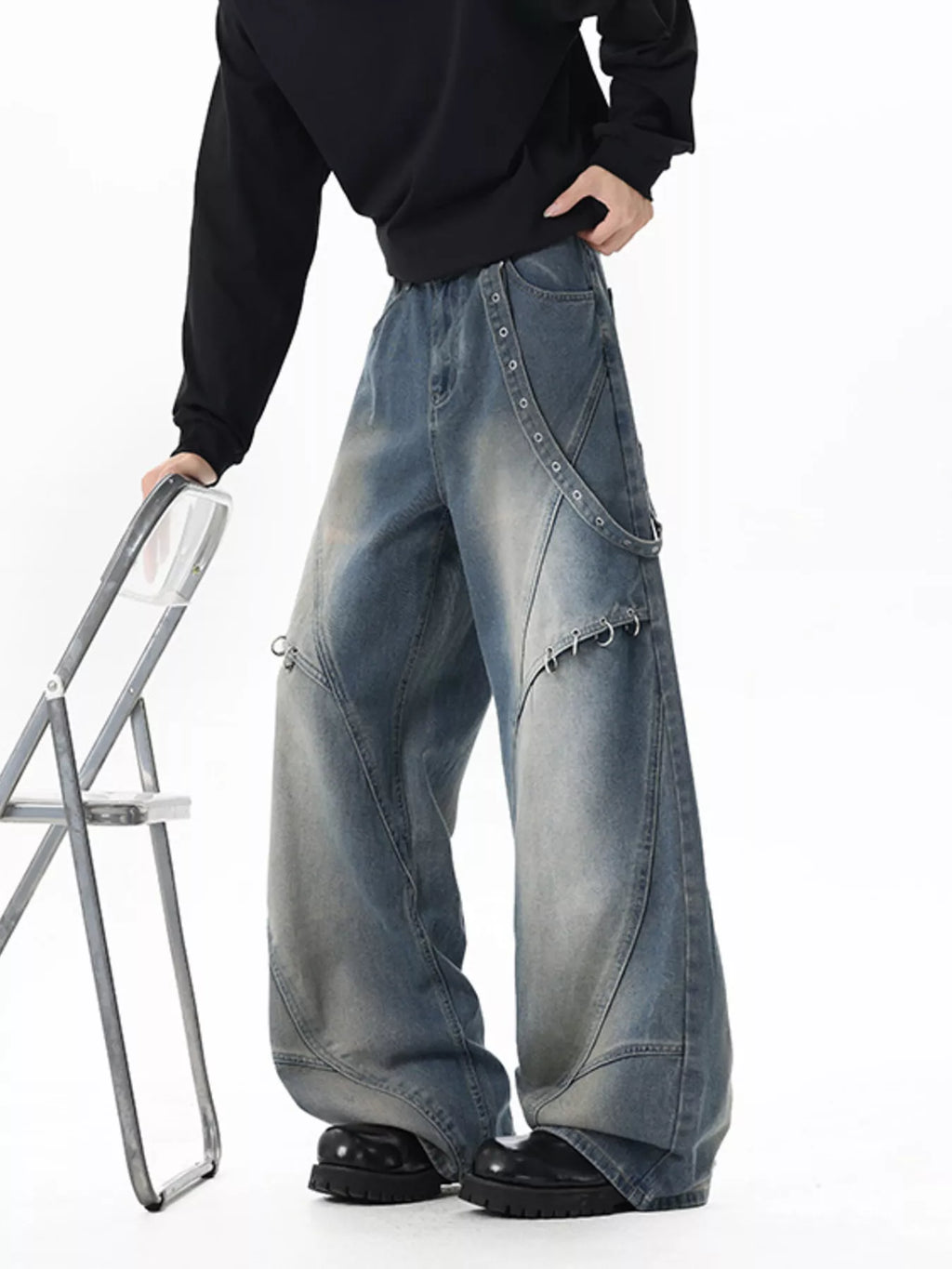 Men's Full Size Wide-Leg Denim Jeans with Metal Ring Plus Size