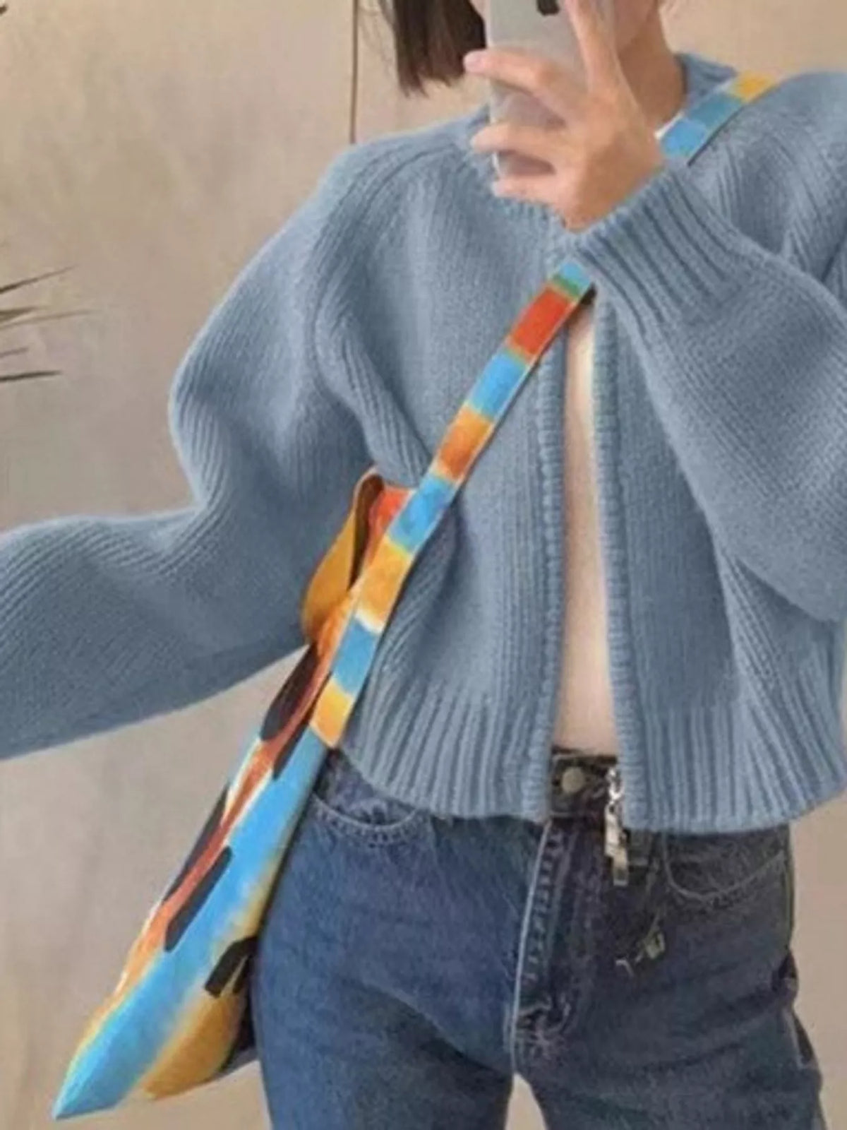 Ribbed Hem Zip-Up Cardigan