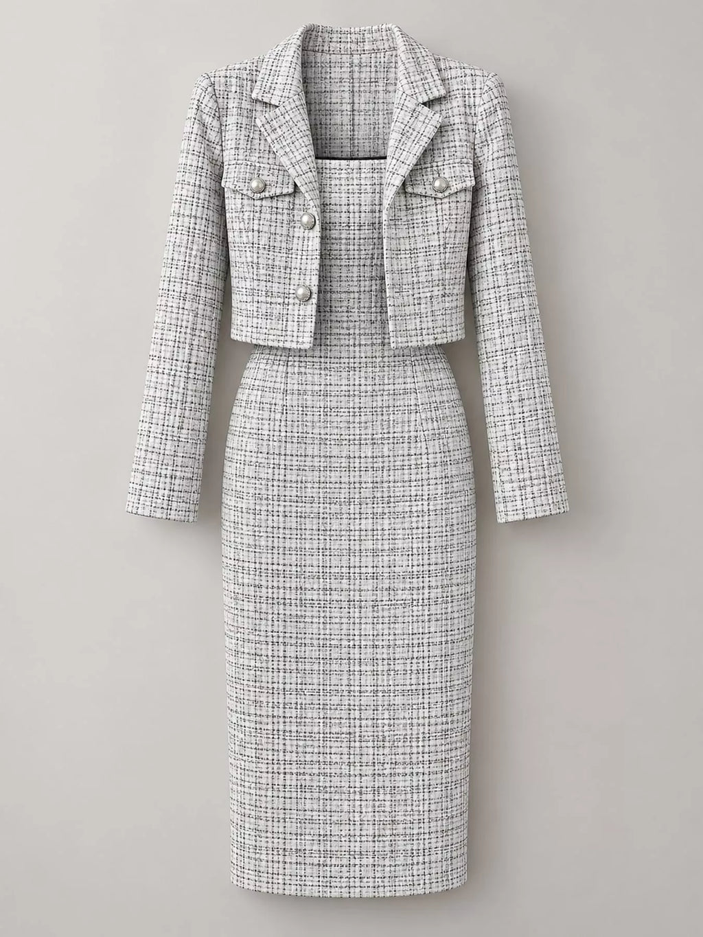 Tweed Square Neck Dress and Cardigan Set