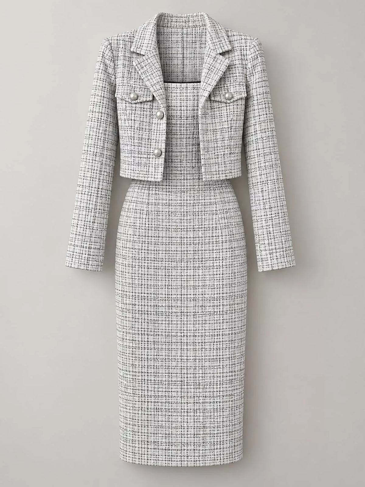 Tweed Square Neck Dress and Cardigan Set