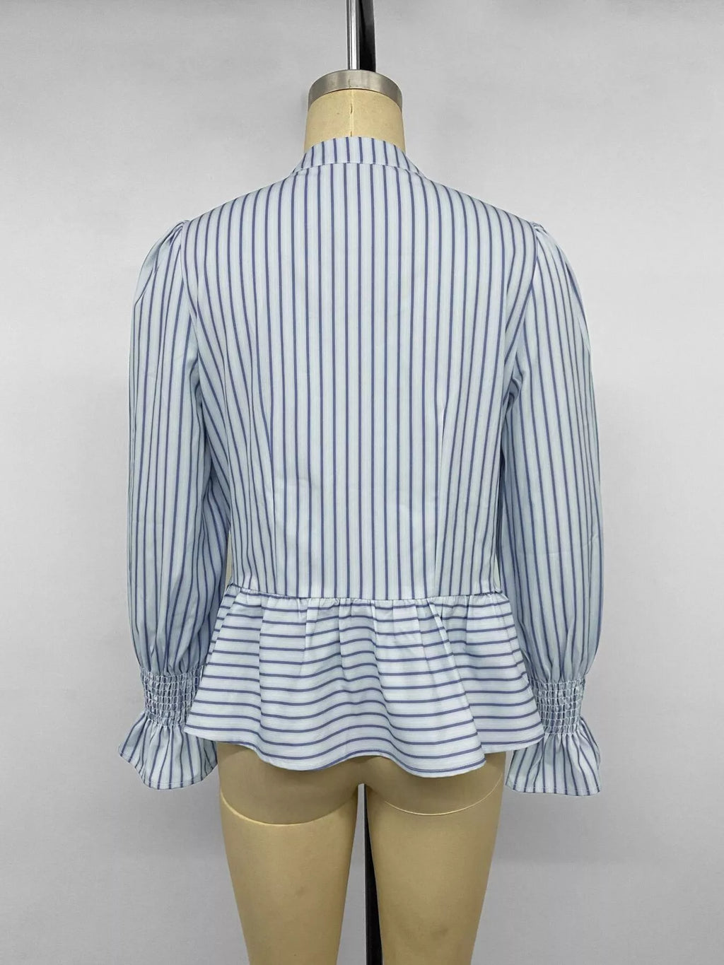Striped Mandarin Knot Buttons Peplum Hem Shirt