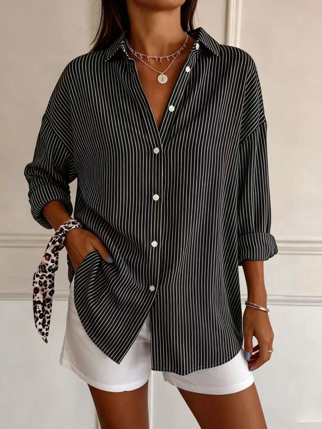 Full Size Striped Button-Down Long Sleeve Shirt Plus Size