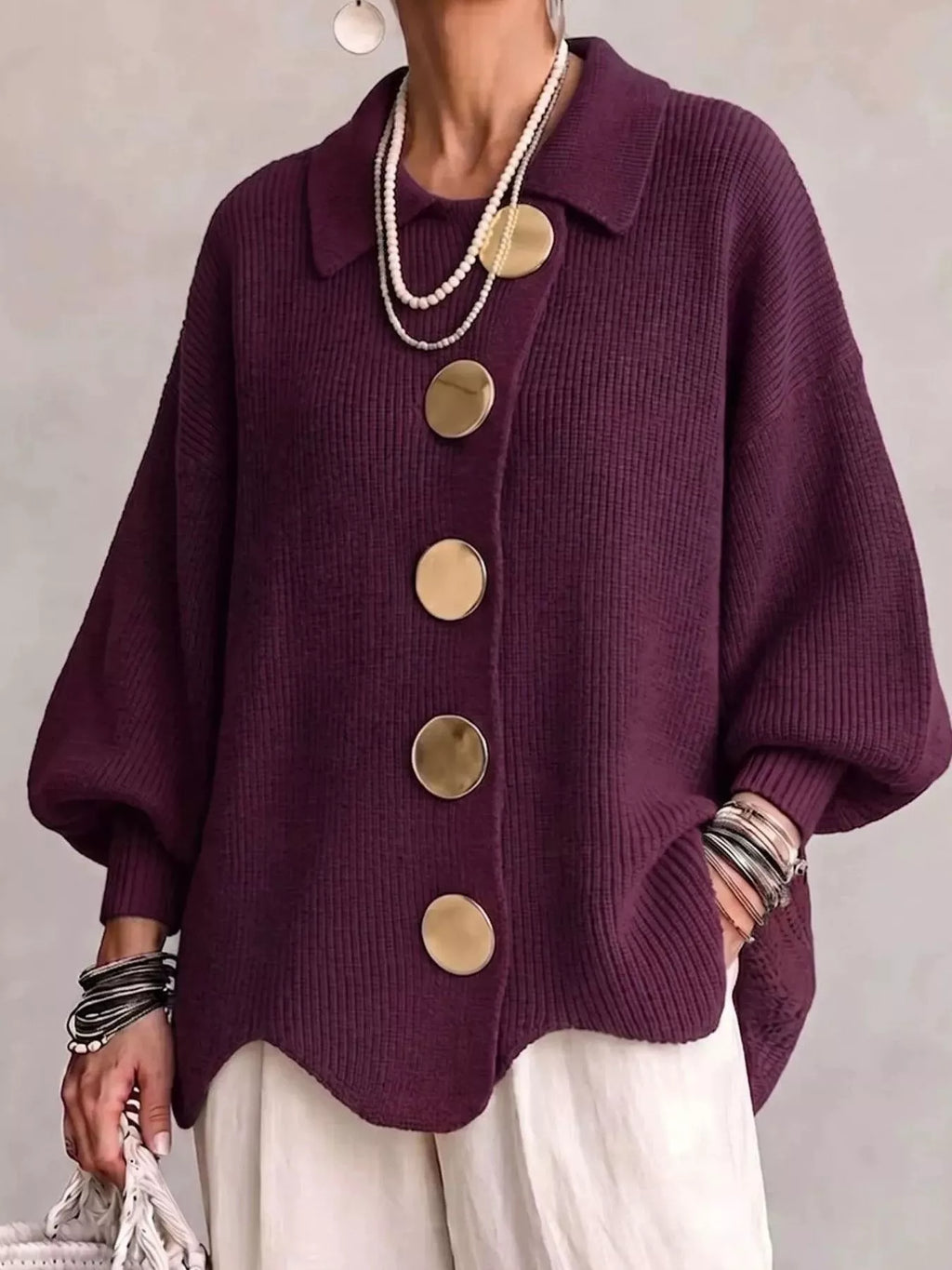 Full Size Gold Buttons Lantern Sleeve Cardigan Plus Size