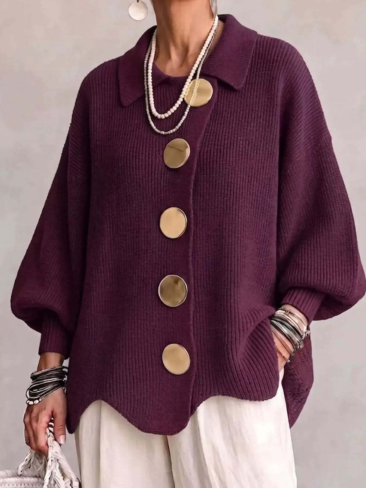 Full Size Gold Buttons Lantern Sleeve Cardigan Plus Size