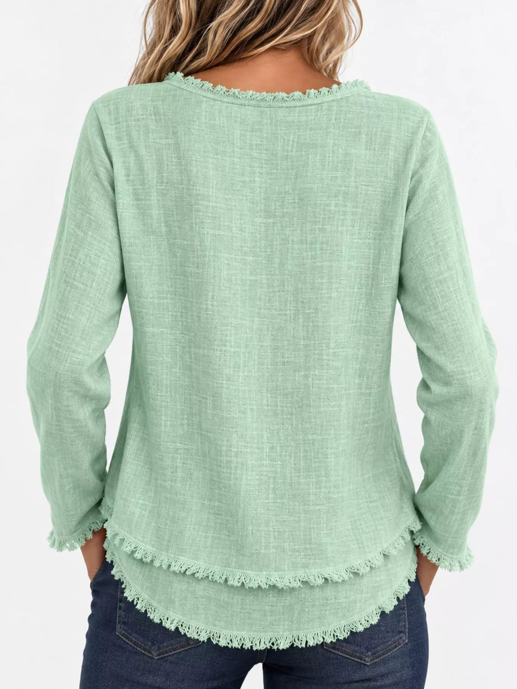 Full Size Frayed Hem V-Neck Long Sleeve Blouse Plus Size