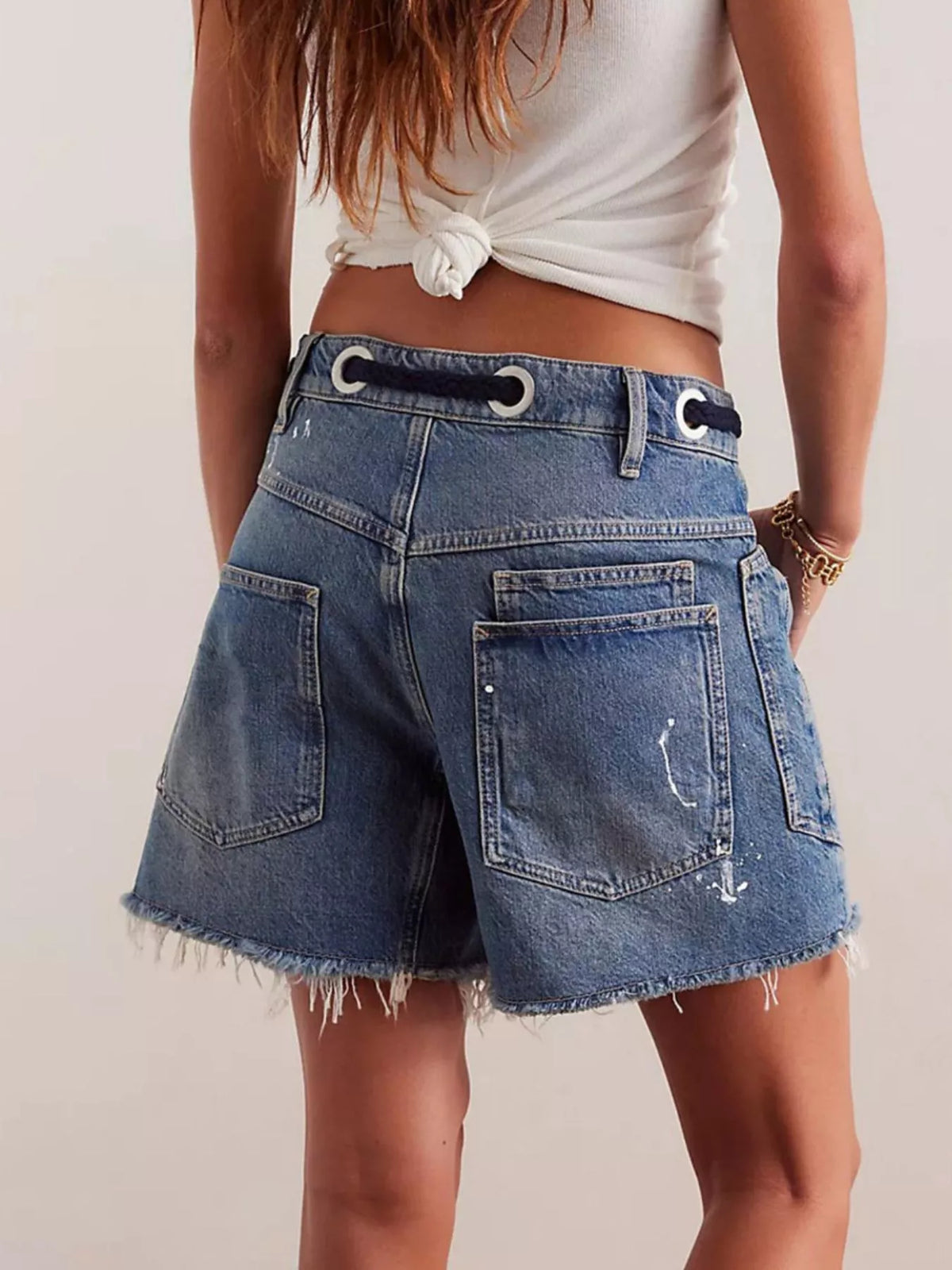 Drawstring Raw Hem Denim Shorts