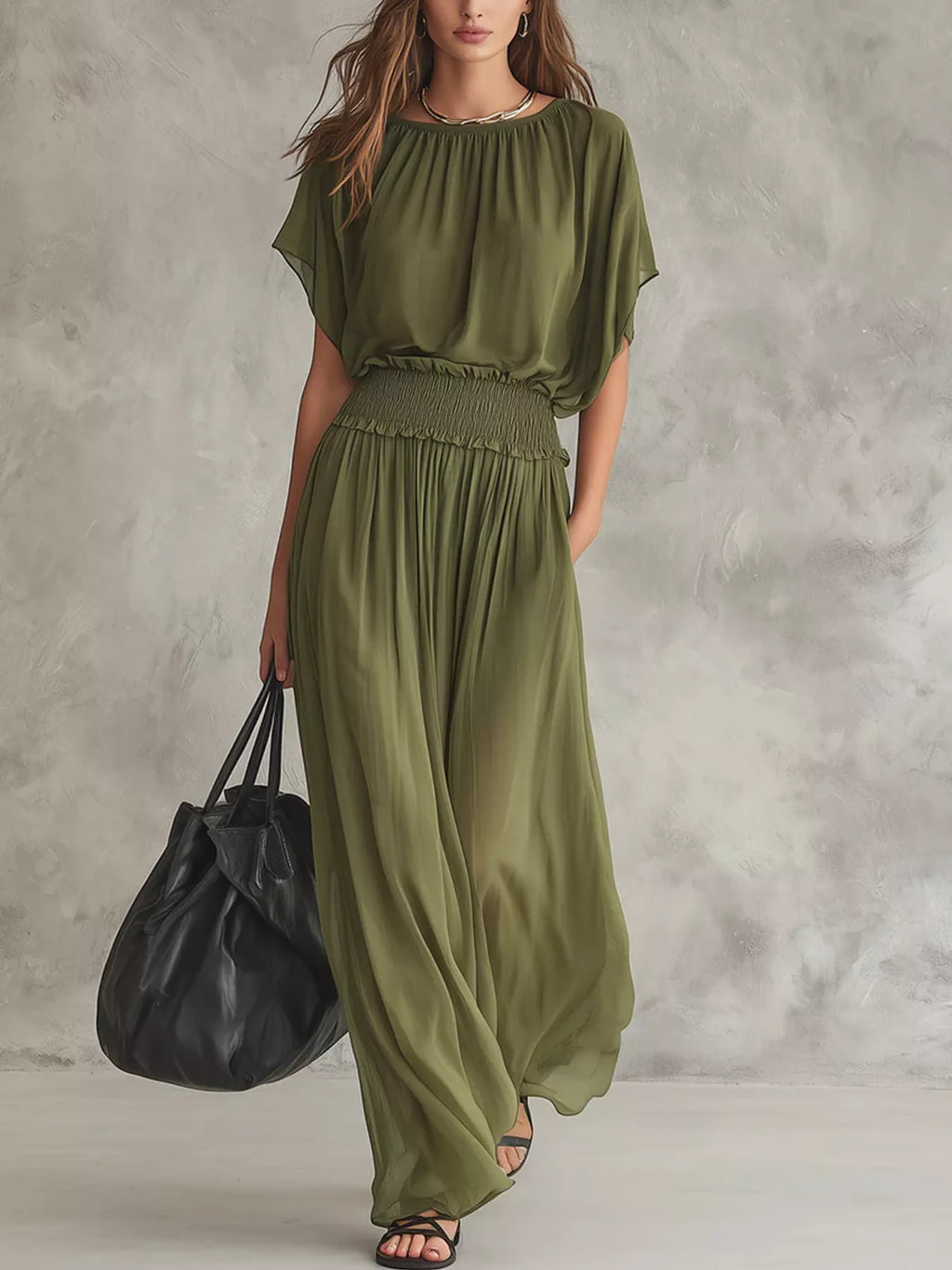Chiffon Maxi Dress with Smocked Waist