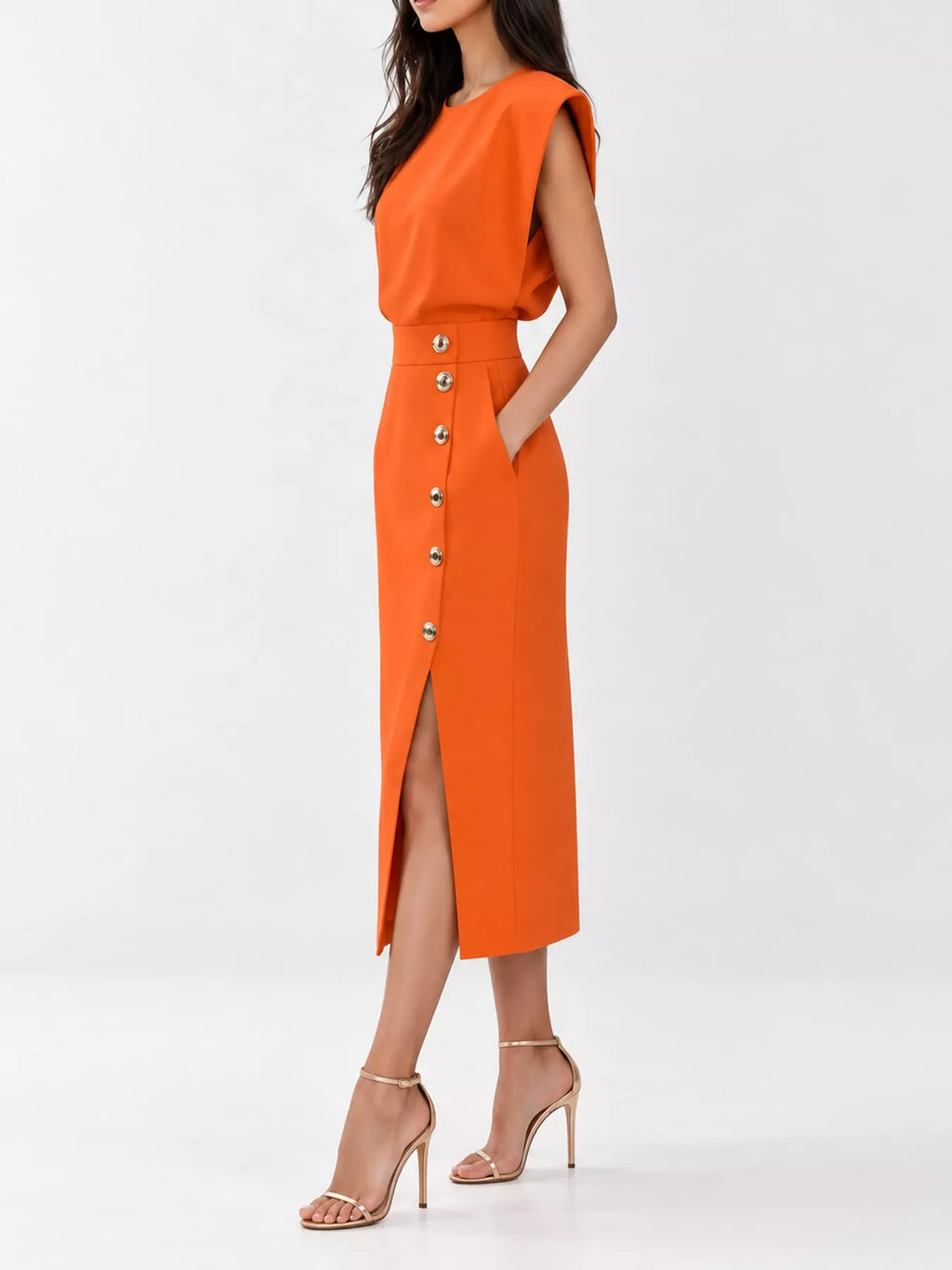 Sleeveless Midi Dress with Gold Button Detail and Side Slit