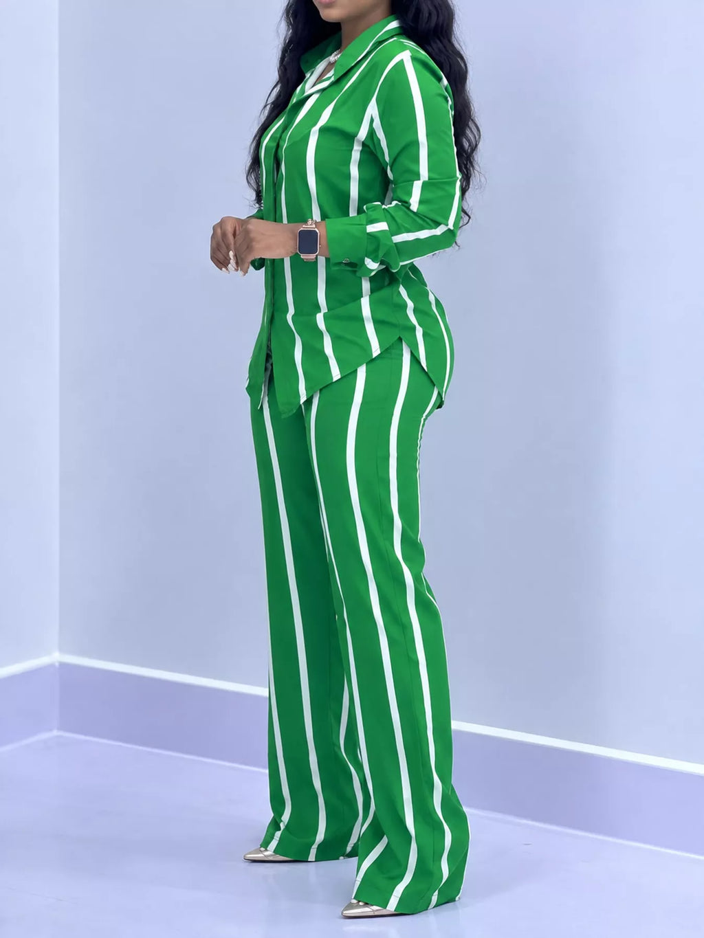 Striped Button-Down Shirt and Wide-Leg Pants Two-Piece Set