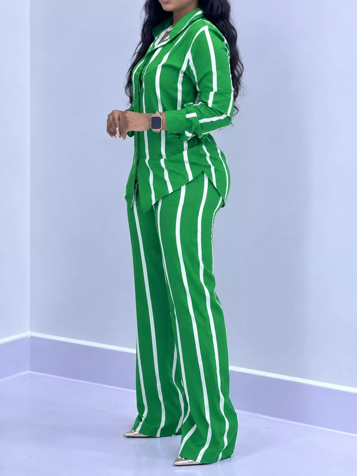 Striped Button-Down Shirt and Wide-Leg Pants Two-Piece Set