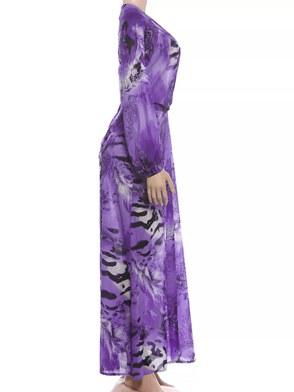 Deep V-Neck Long Sleeve Printed Maxi Dress