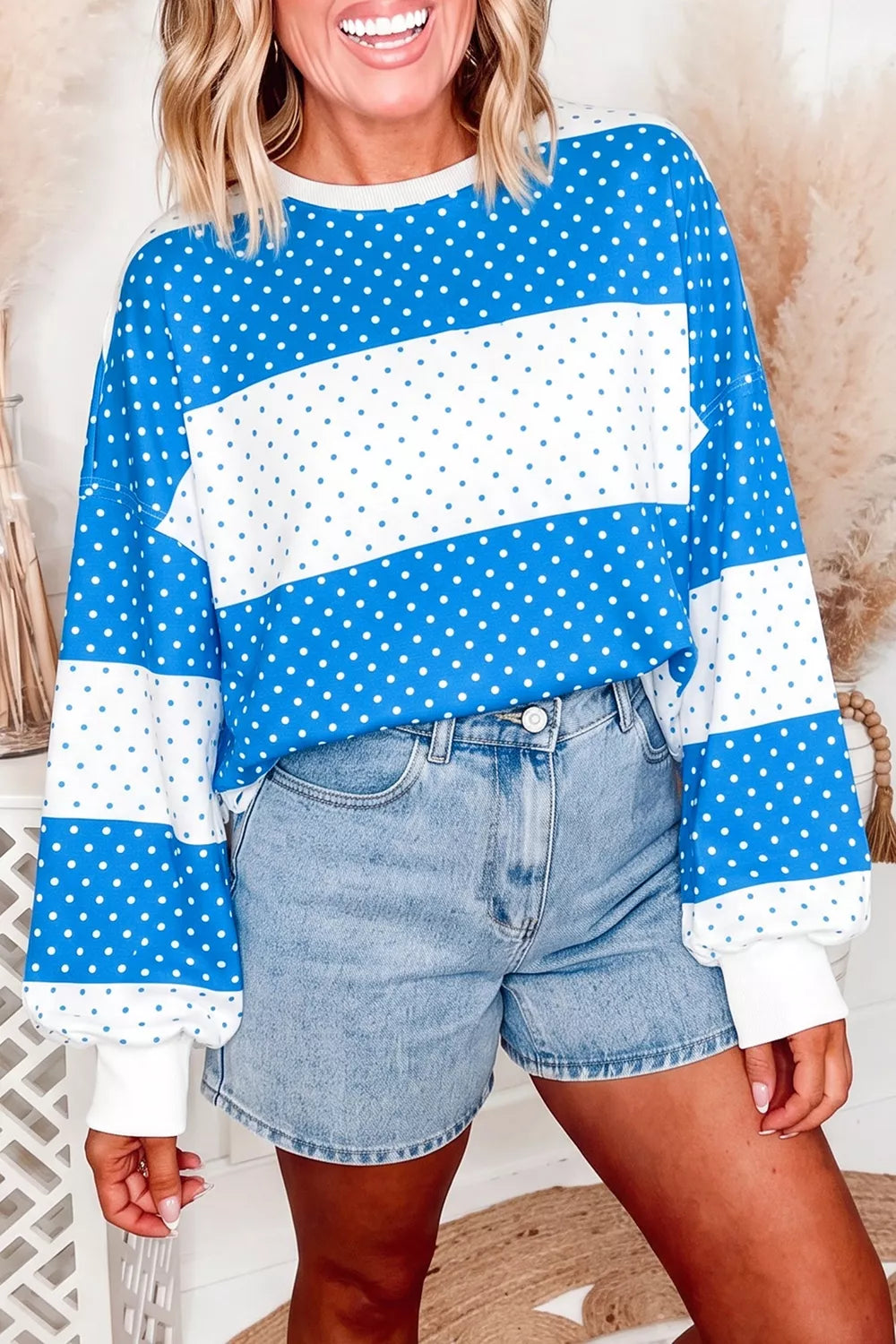 Casual Color-Block Polka Dot Long Sleeve Top