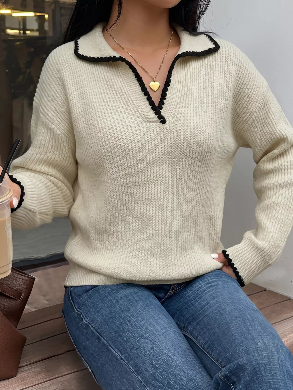 Contrast Trim Dropped Shoulder Sweater