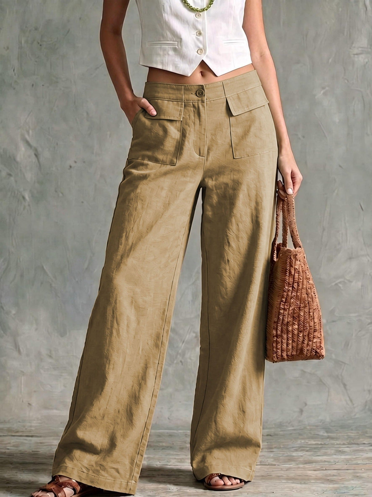 Women's Solid Color Loose Fit Casual Pants - Elastic Waist Trousers for Daily Wear