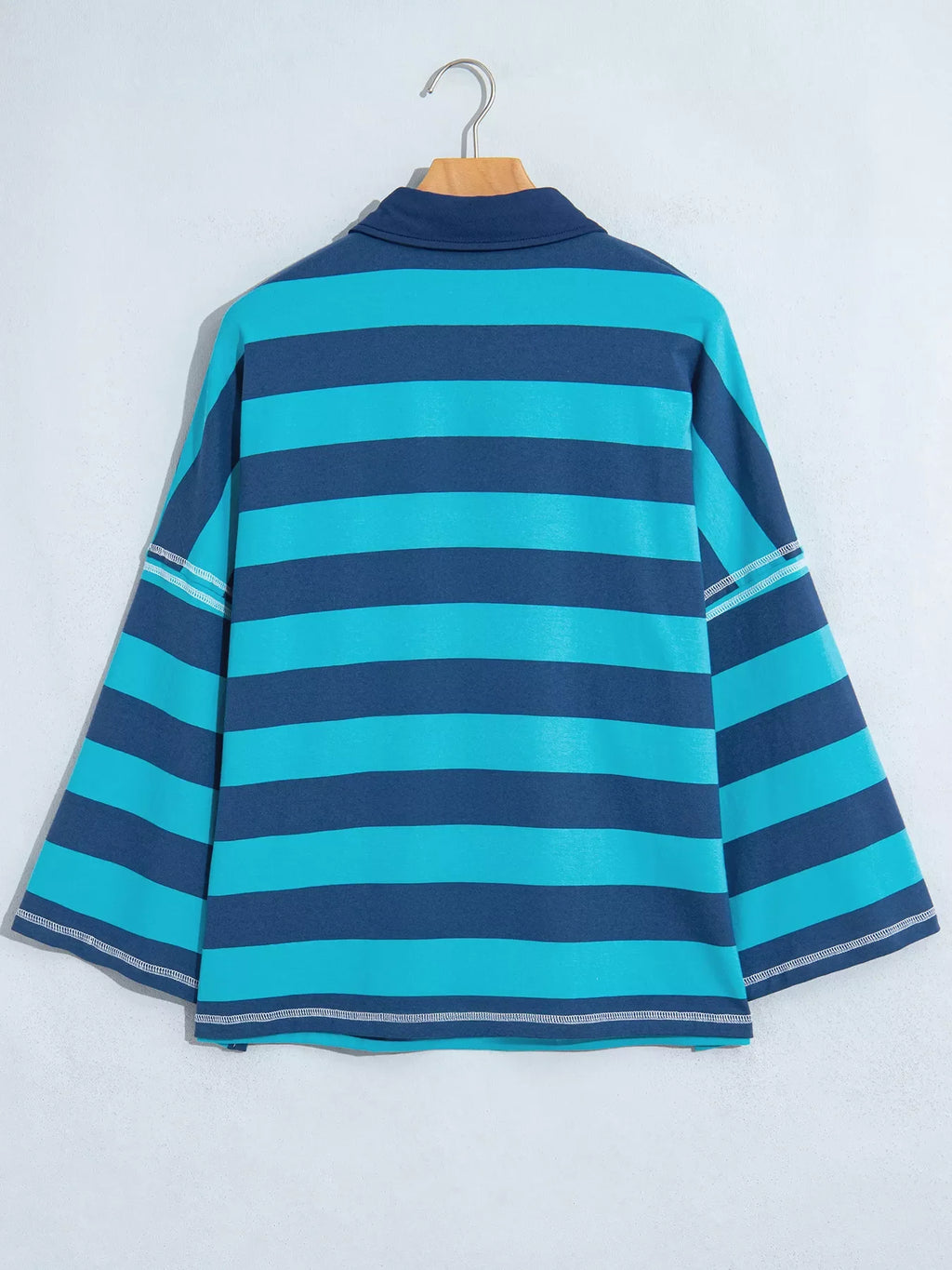 Stripe Contrast Polo Collar Bracelet Sleeve Loose Top