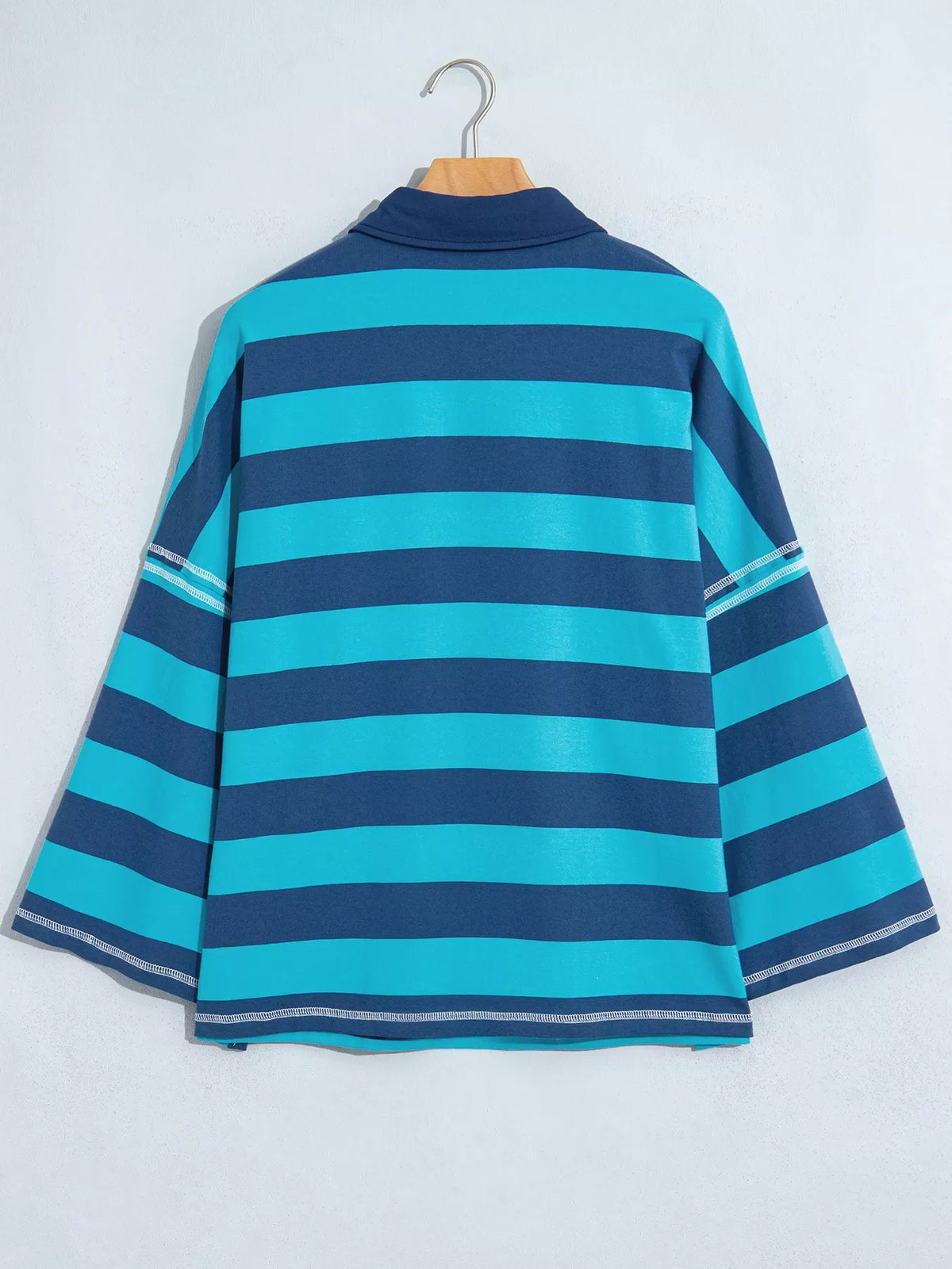 Stripe Contrast Polo Collar Bracelet Sleeve Loose Top