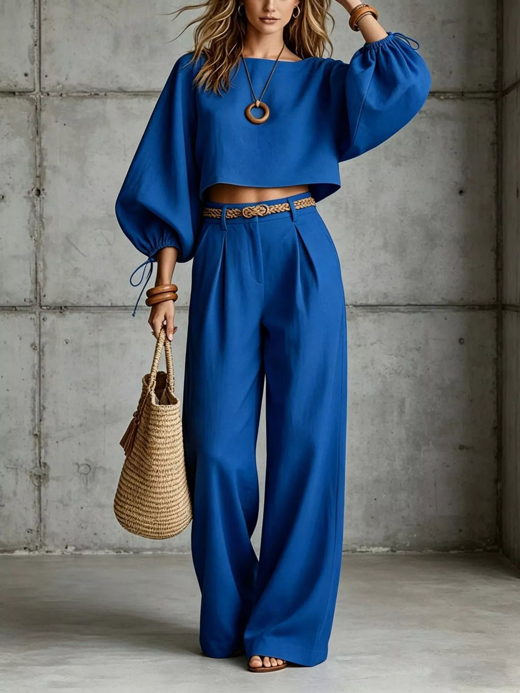 Balloon Sleeve Crop Top and Wide-Leg Pants Set