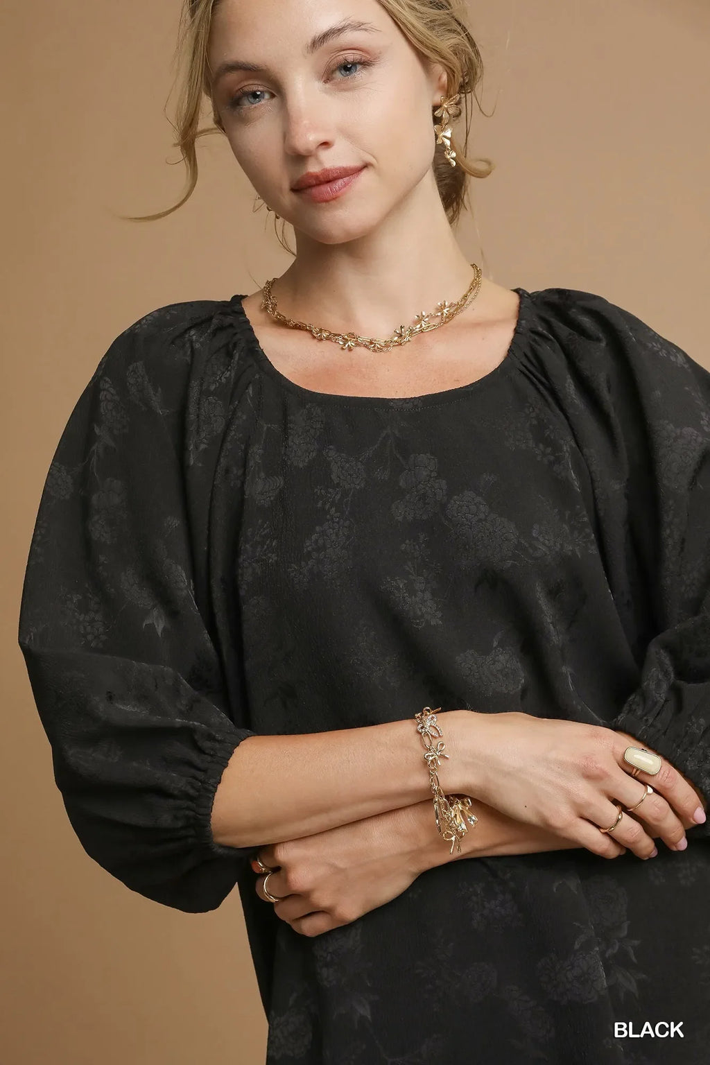 Umgee Satin Jacquard Balloon Sleeve Blouse
