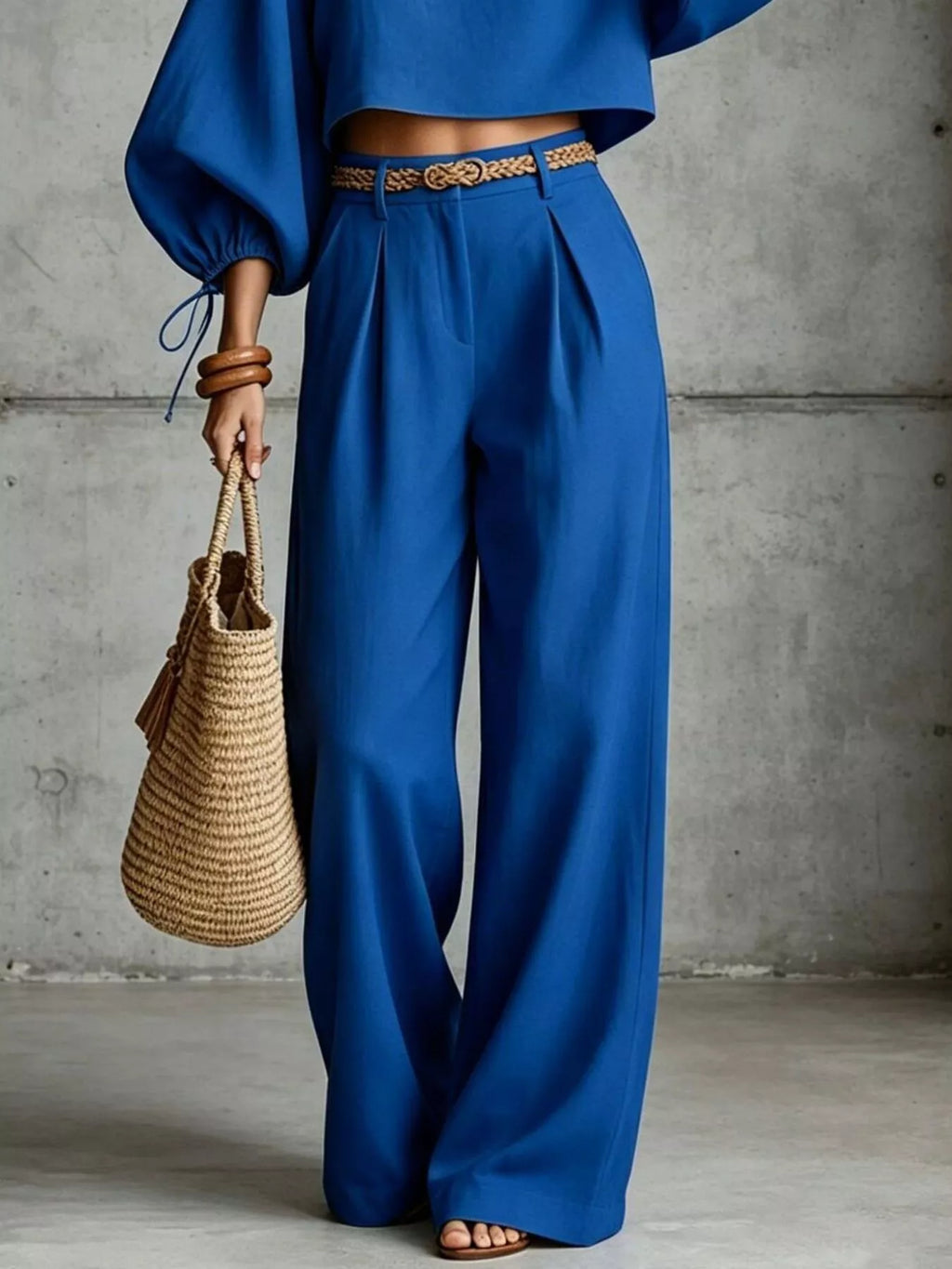Balloon Sleeve Crop Top and Wide-Leg Pants Set