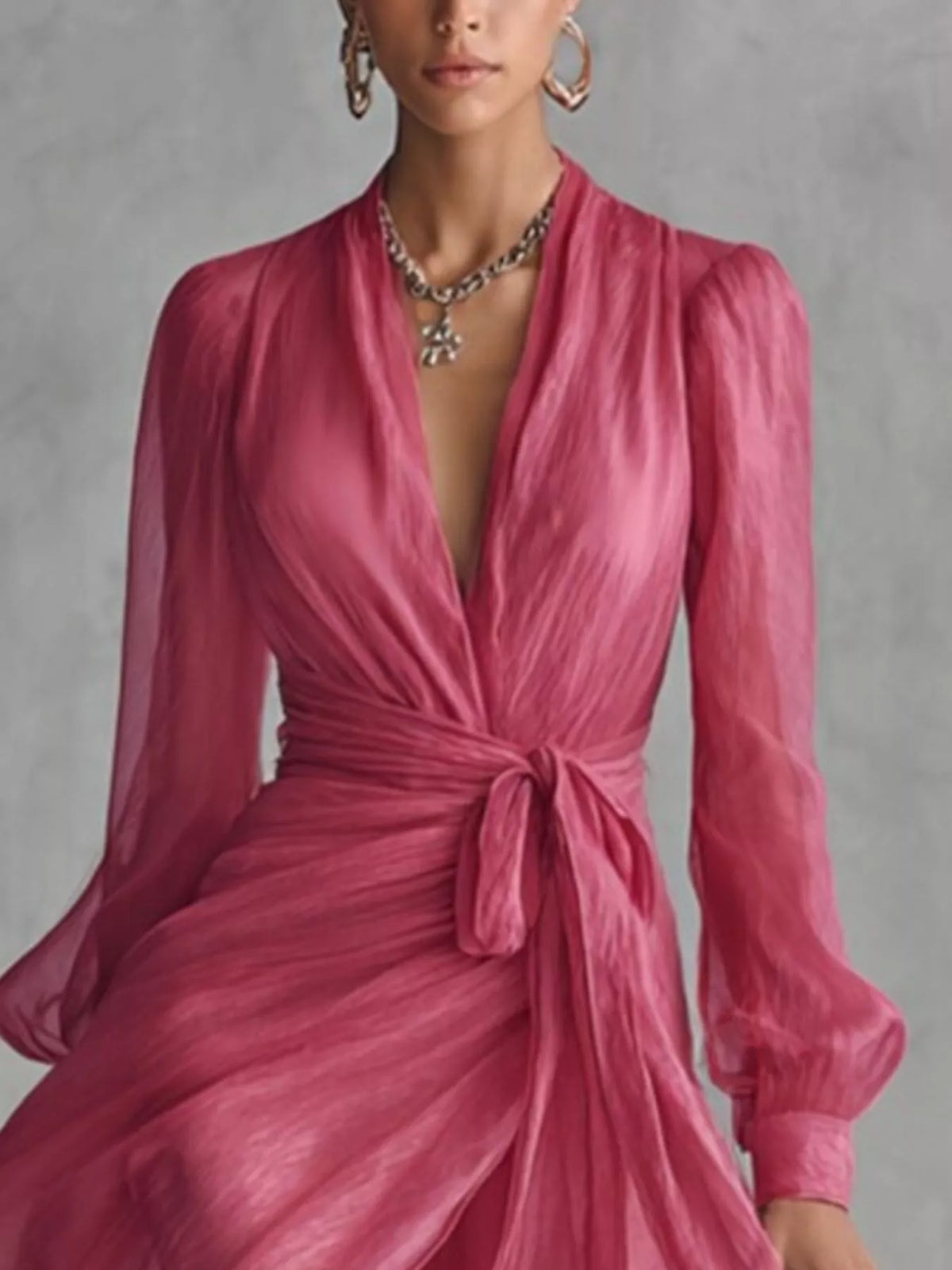 Long Sleeve Chiffon Wrap Maxi Dress with High Slit