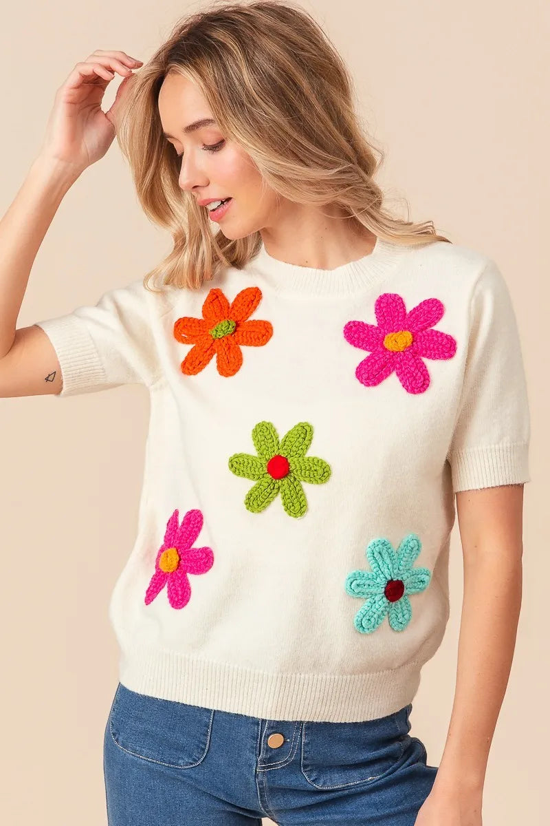 BiBi Crochet Flower Patch Sweater Top