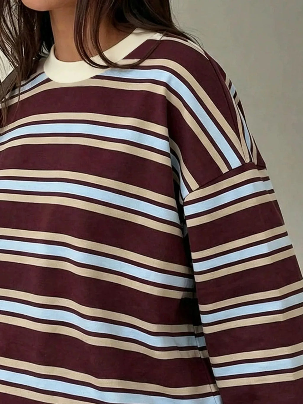 Full Size Casual Long-Sleeve Striped Crew Neck T-Shirt Plus Size