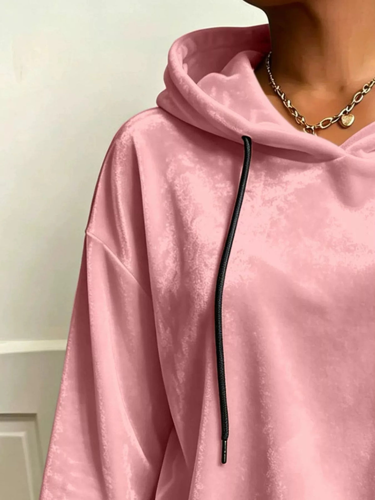 Plus Size Velvet Drawstring Dropped Shoulder Hoodie